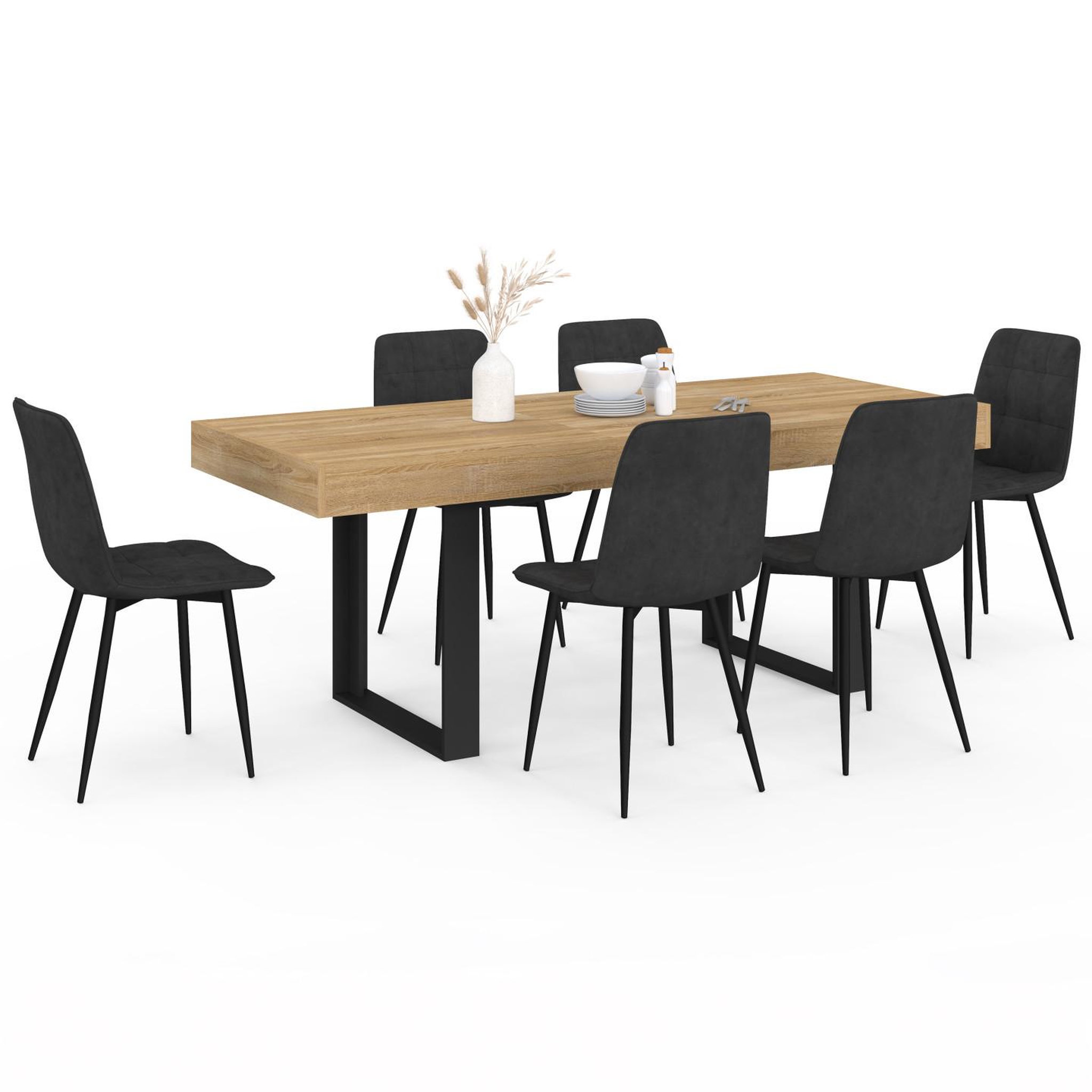 ID MARKET Ensemble table à manger extensible rectangle PHOENIX 4-8 personnes bois et noir 160 - 200 cm et 6 chaises MILA en velours noir