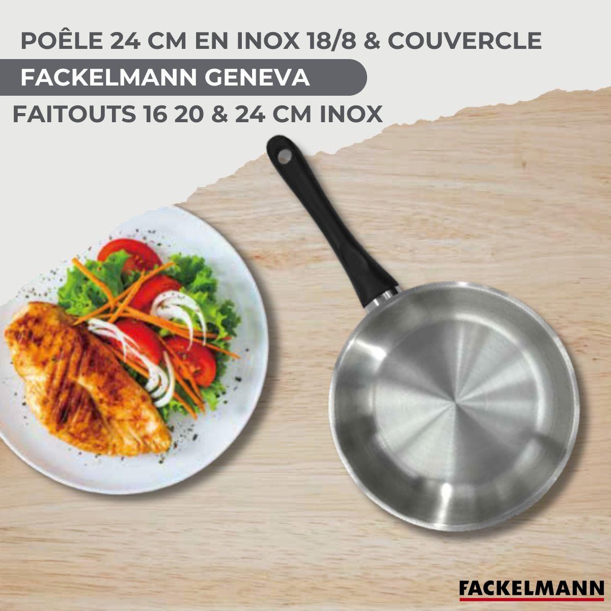Voir la diapositive 2 : Fackelmann Batterie de cuisine avec 1 poêle 24 cm et 3 faitouts 16/20/24 cm sans PFAS Fackelmann Généva Brillant avec couvercles