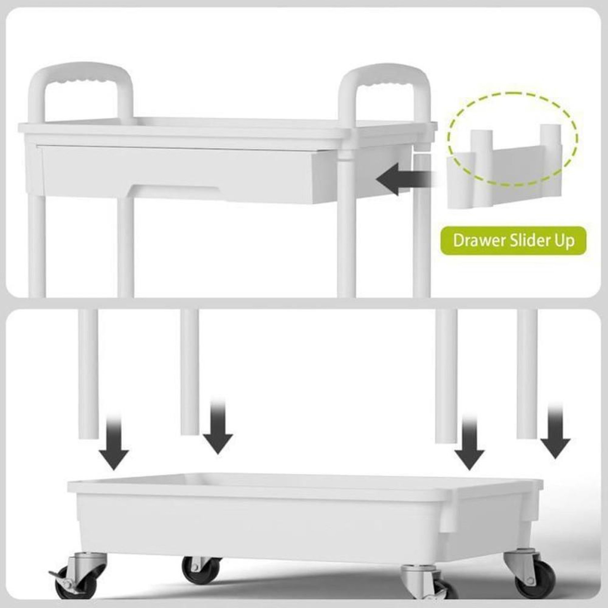 Voir la diapositive 4 : Chariot de cuisine roulant blanc à 5 niveaux avec 5 paniers ventilés, tiroir coulissant verrouillable, 2 poignées et 2 roulettes frein