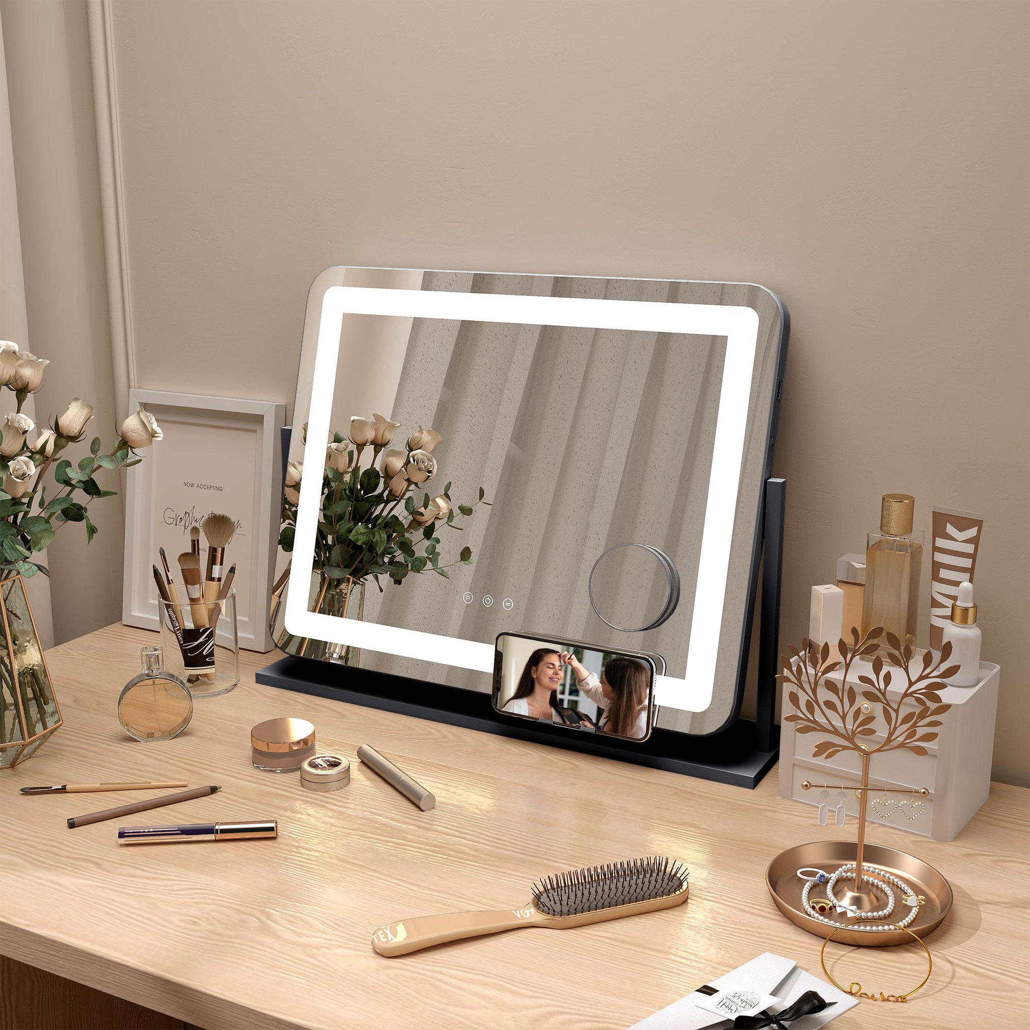 Voir la diapositive 2 : HOMCOM Miroir lumineux led 3 modes d'éclairage grossissement 10x rotation à 360° port charge usb