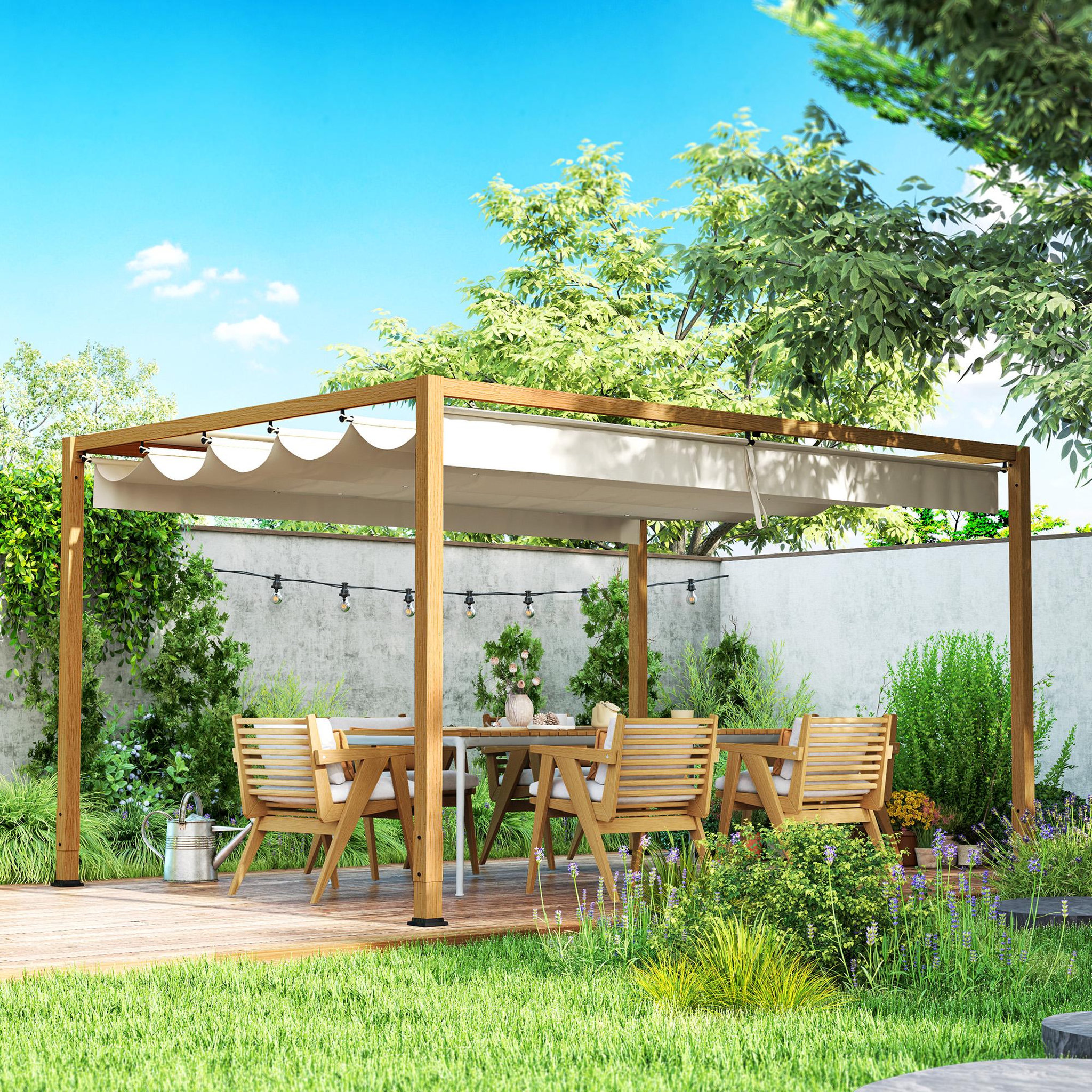Voir la diapositive 2 : OUTSUNNY Pergola toile rétractable 4 x 3 m alu effet bois tissu polyester beige