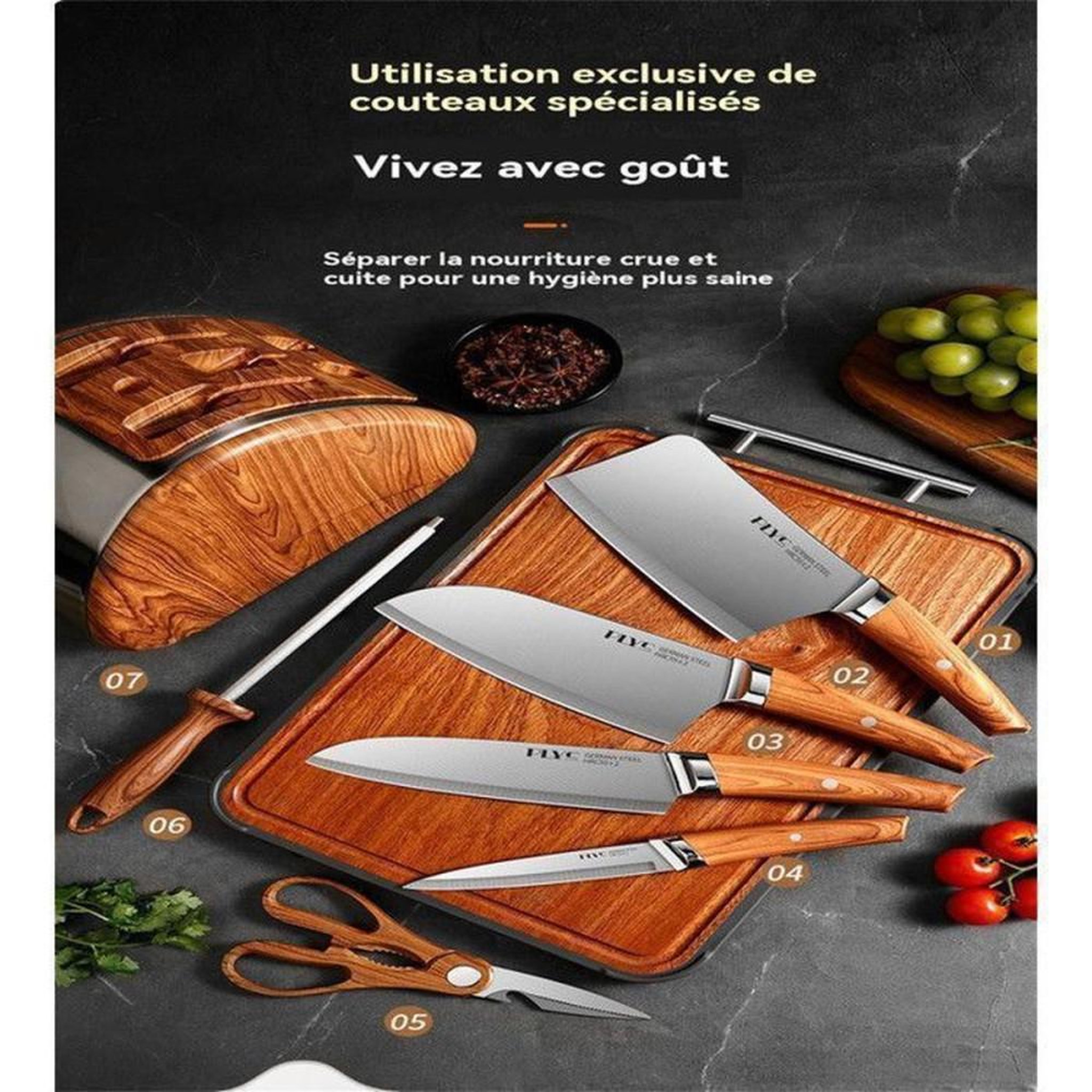 Voir la diapositive 5 : Coffret couteaux de cuisine 7 pièces avec bloc SONOOK acier inox 5CR15 finition miroir