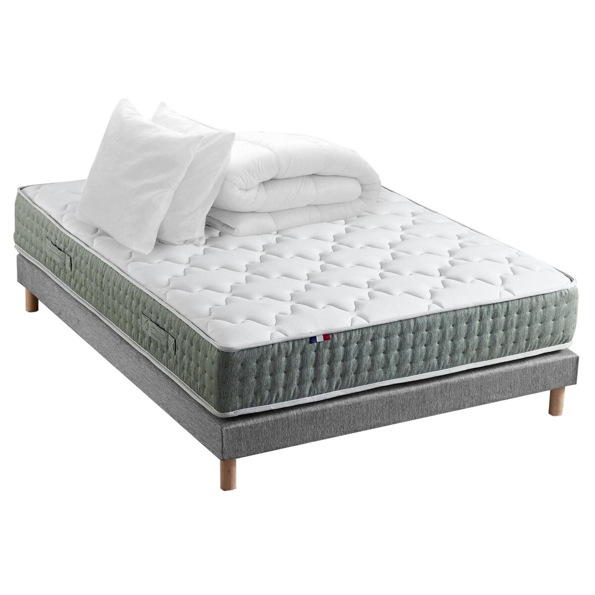 IDLITERIE Ensemble matelas Ressort 7 zones HYGGE + Sommier + couette + oreillers Fabriqué en France