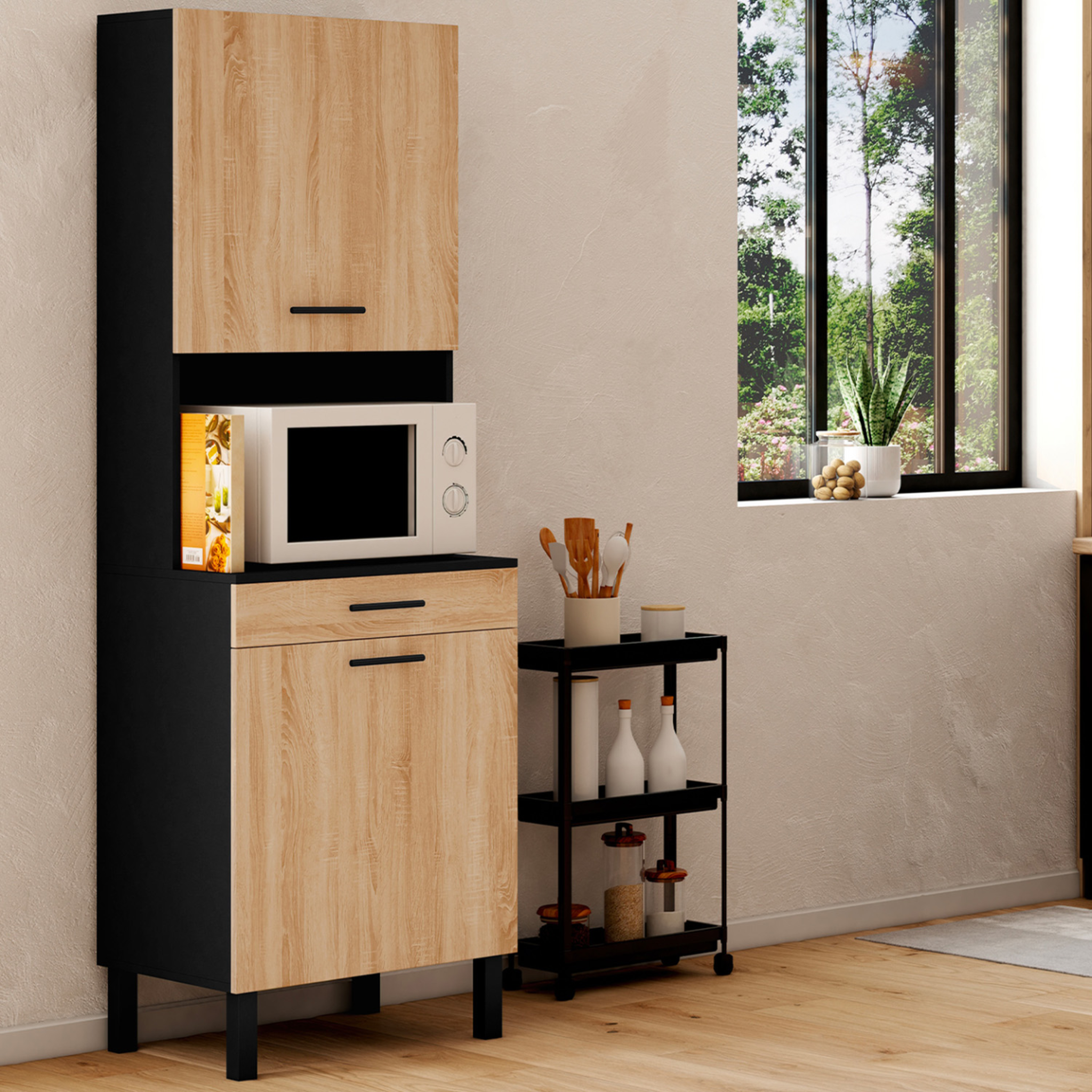 Voir la diapositive 2 : ID MARKET Buffet de cuisine 60 cm cina 2 portes + tiroir noir et façon hêtre