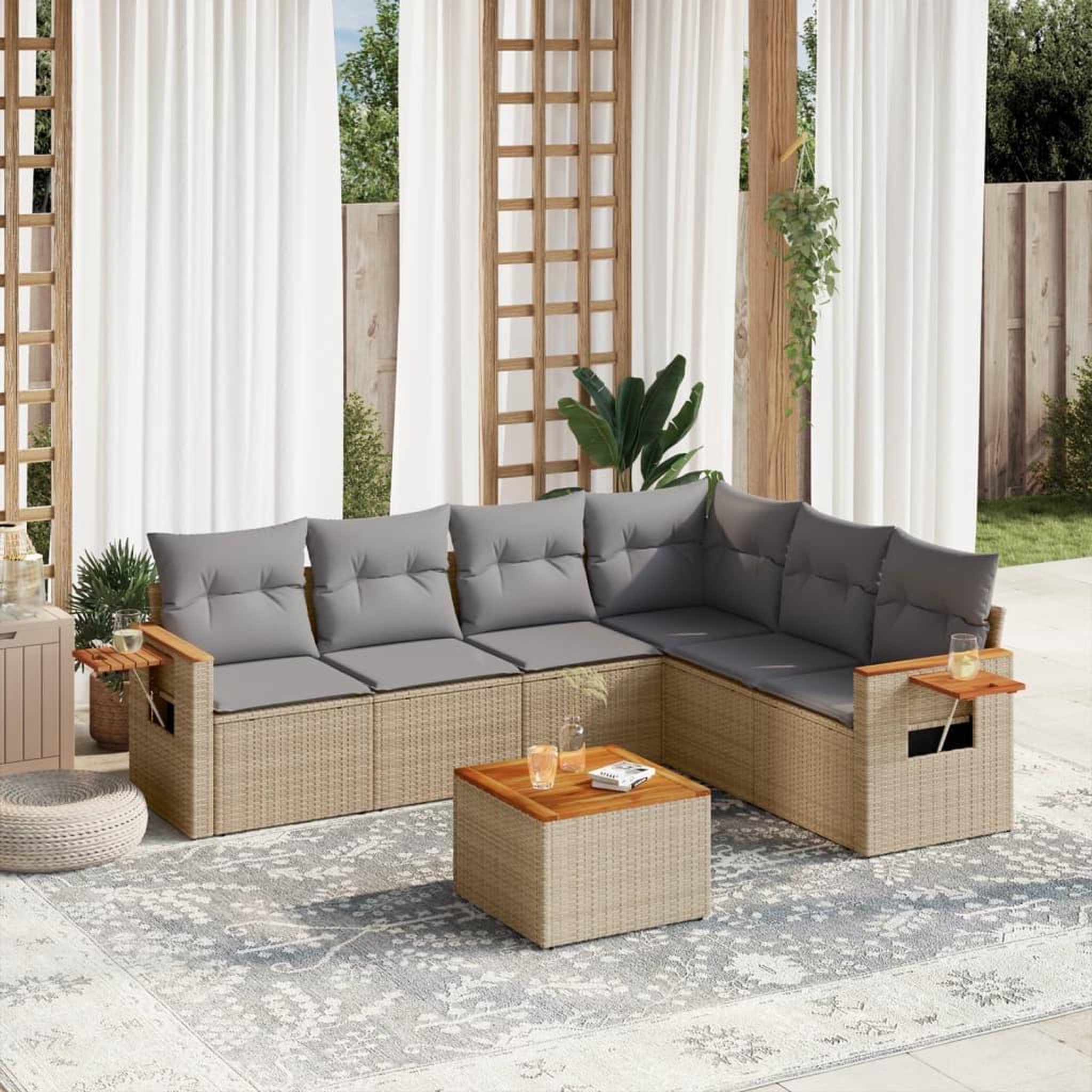 VIDAXL Salon de jardin avec coussins 7 pcs beige resine tressee