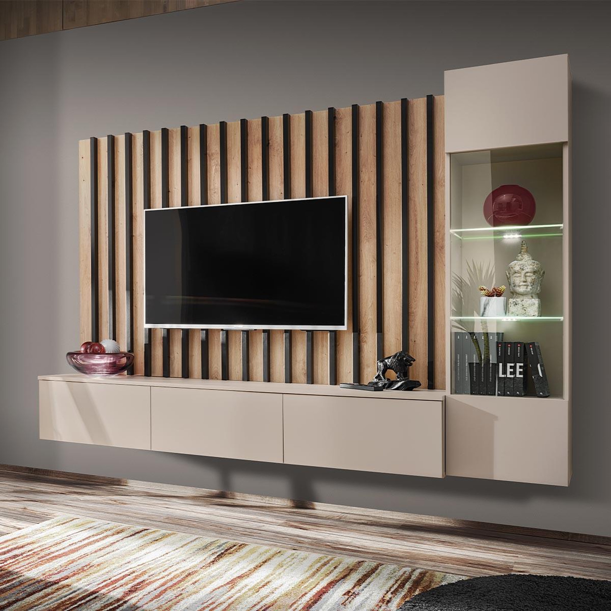 Paris Prix Ensemble meuble tv à lattes  verti  220cm beige