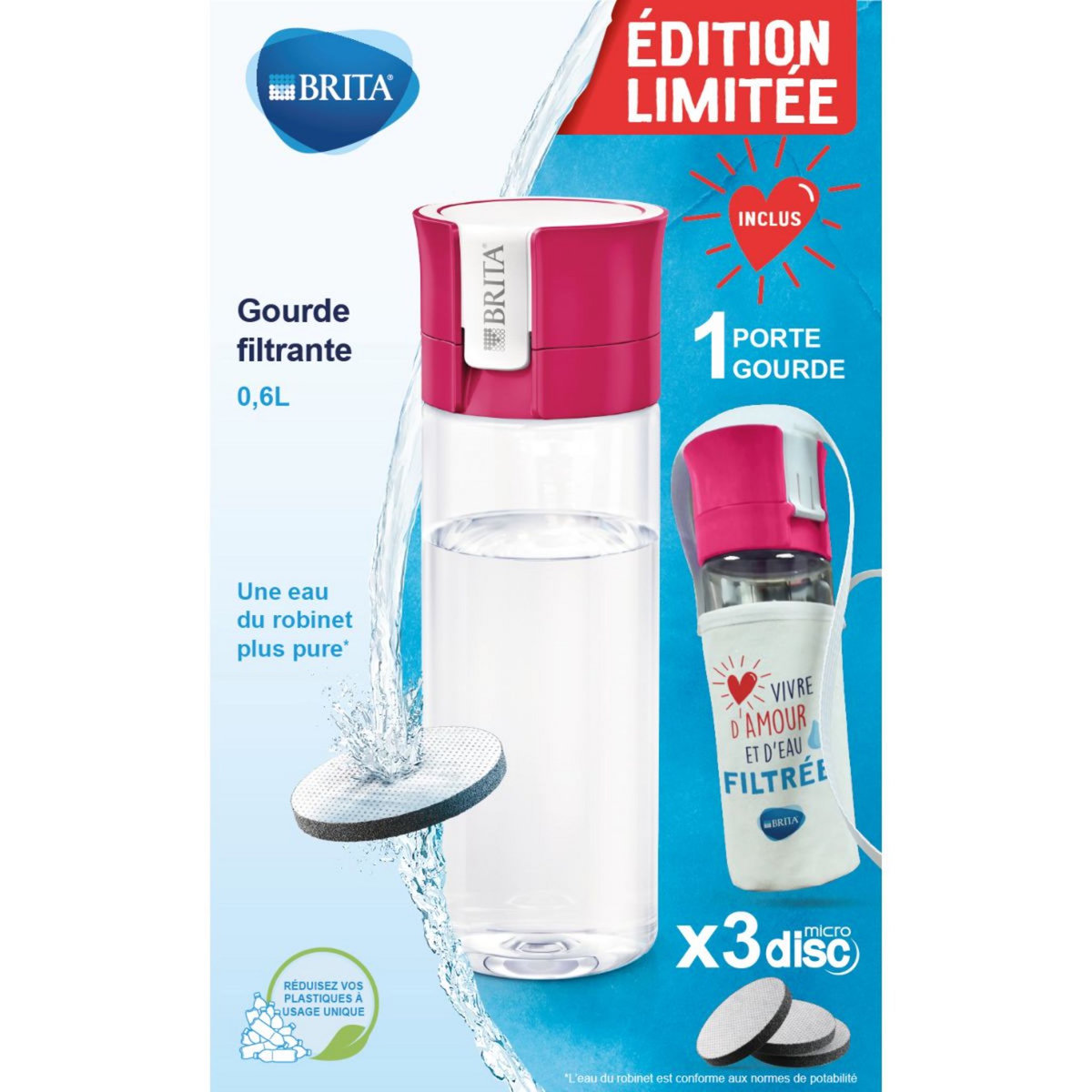 BRITA Gourde filtrante rose + porte gourde