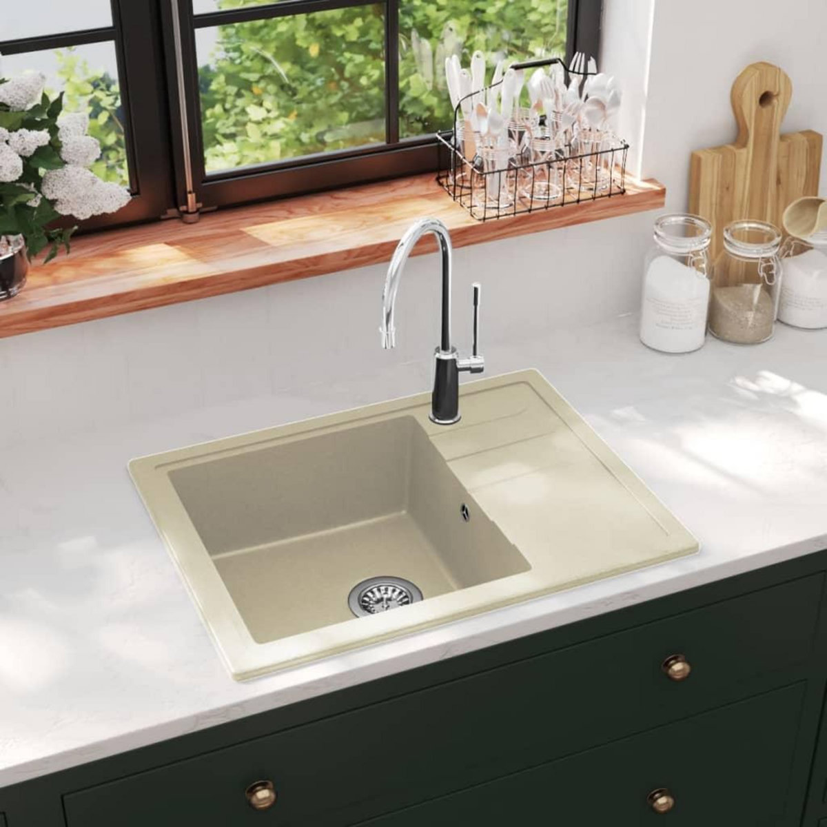 VIDAXL Evier de cuisine avec trou de trop-plein ovale Beige Granit