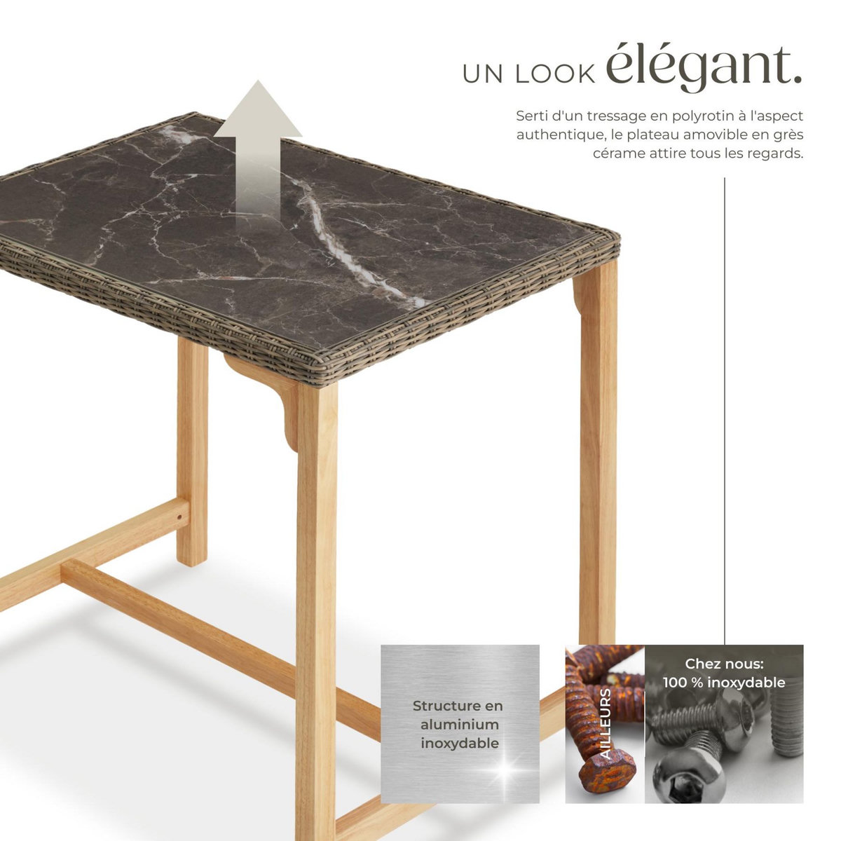 tectake Table de bar en rotin avec cadre en aluminium et bois marron naturel