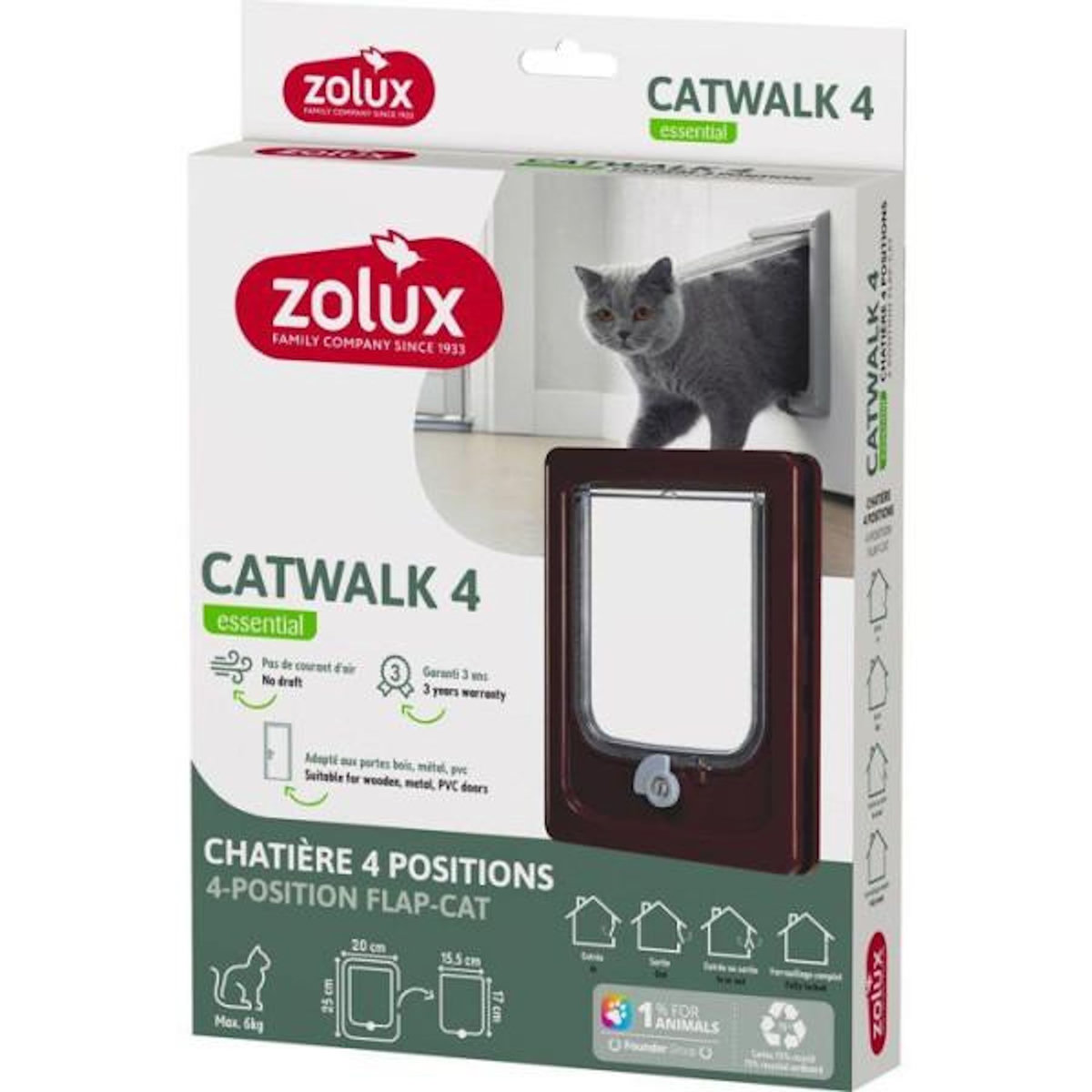 Zolux Chatiere 4 positions - ZOLUX - L20 x H25 cm - Pour porte bois, PVC, métal - Catwalk - Marron