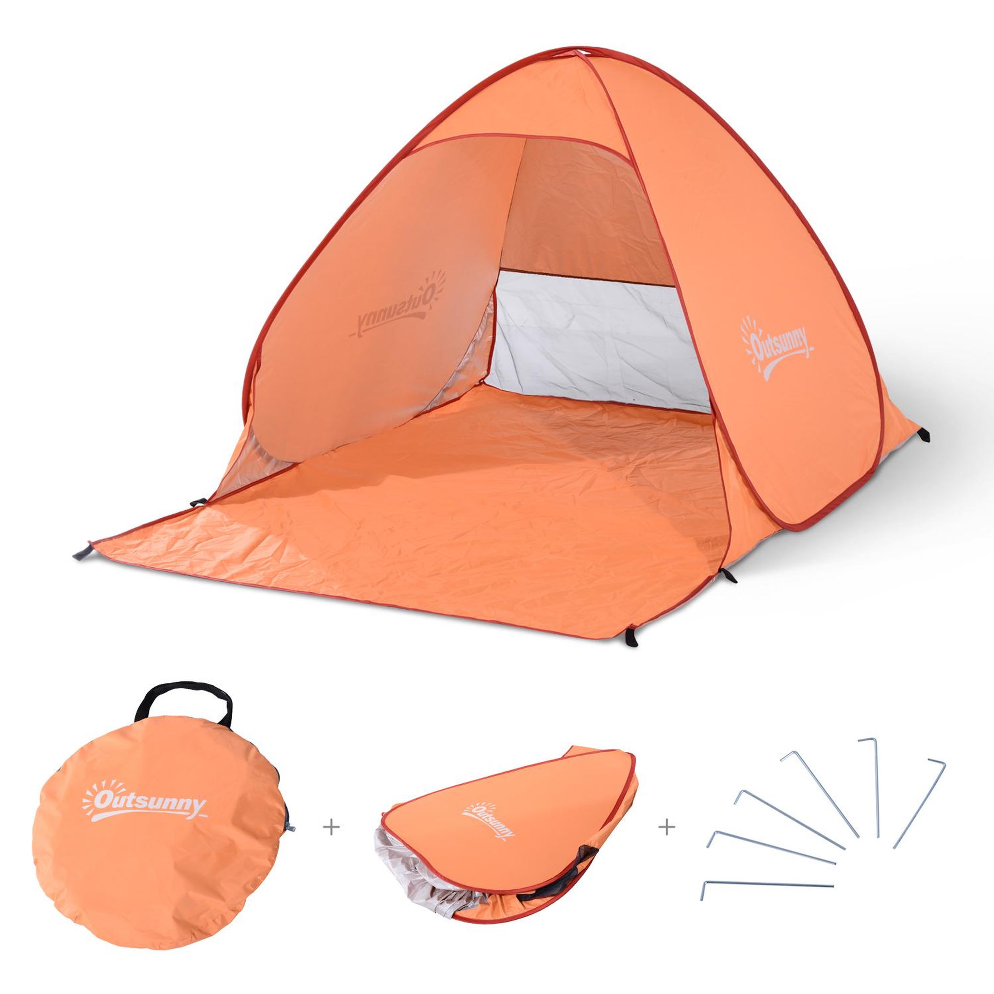 OUTSUNNY Abri de plage tente de plage pliable pop-up automatique instantané protection uv fenêtre arrière grand tapis de sol orange