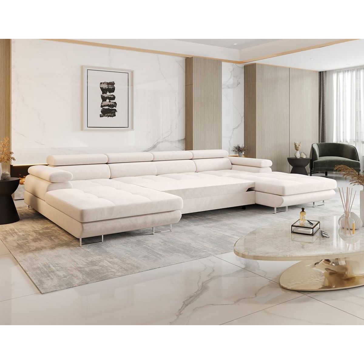 BEST MOBILIER Ayden - canapé panoramique en u 7 places convertible avec coffre et têtières réglables en tissu