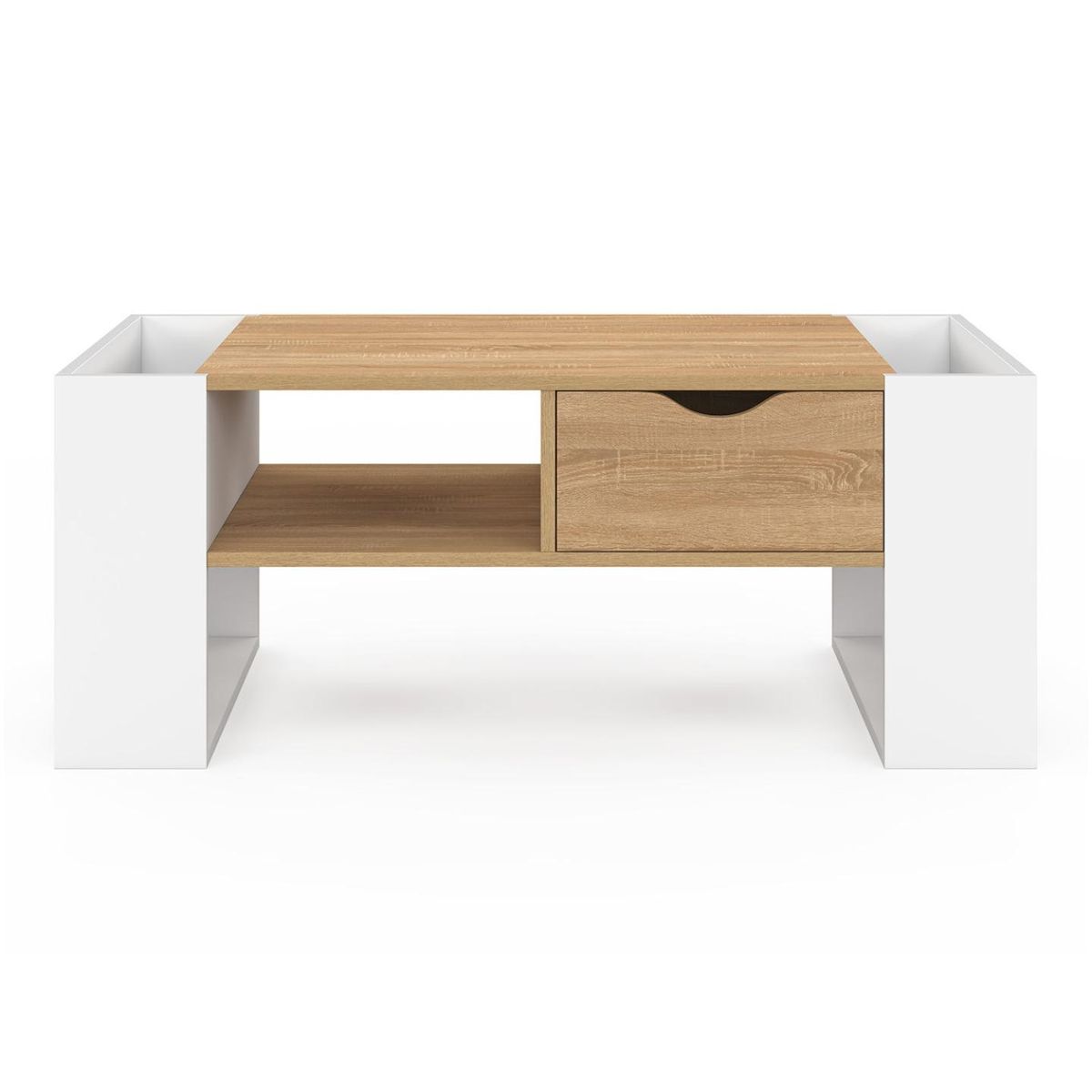 ID MARKET Table basse rectangulaire BERYL avec tiroir bois blanc et façon hêtre