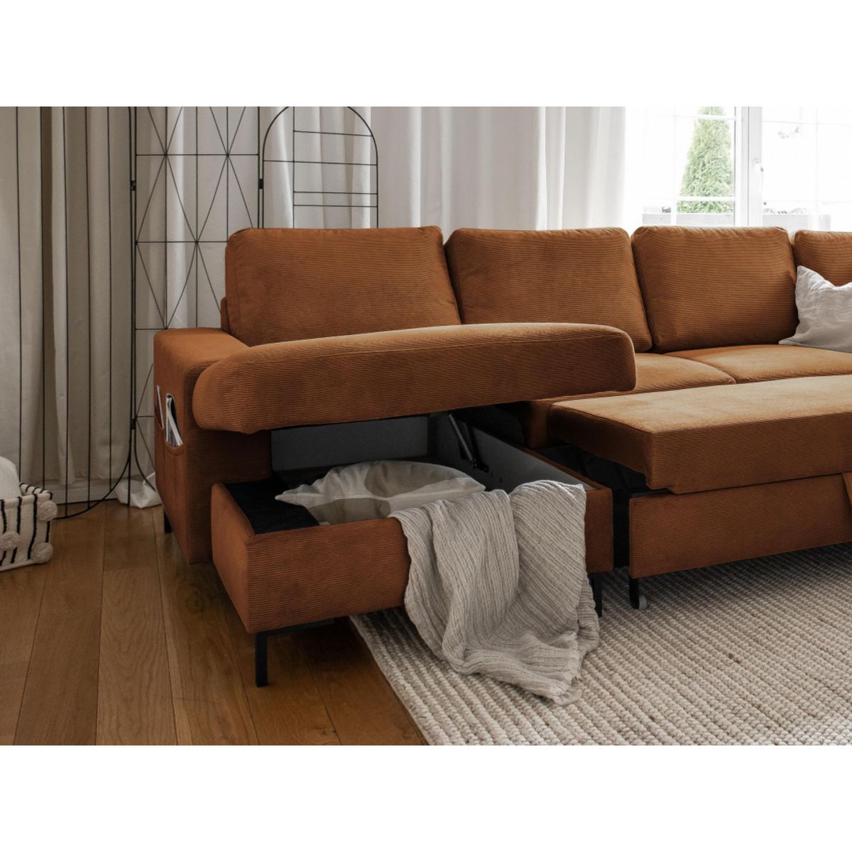 BEST MOBILIER Lilly - canapé panoramique d'angle droit - 7 places - convertible avec coffre - en velours côtelé