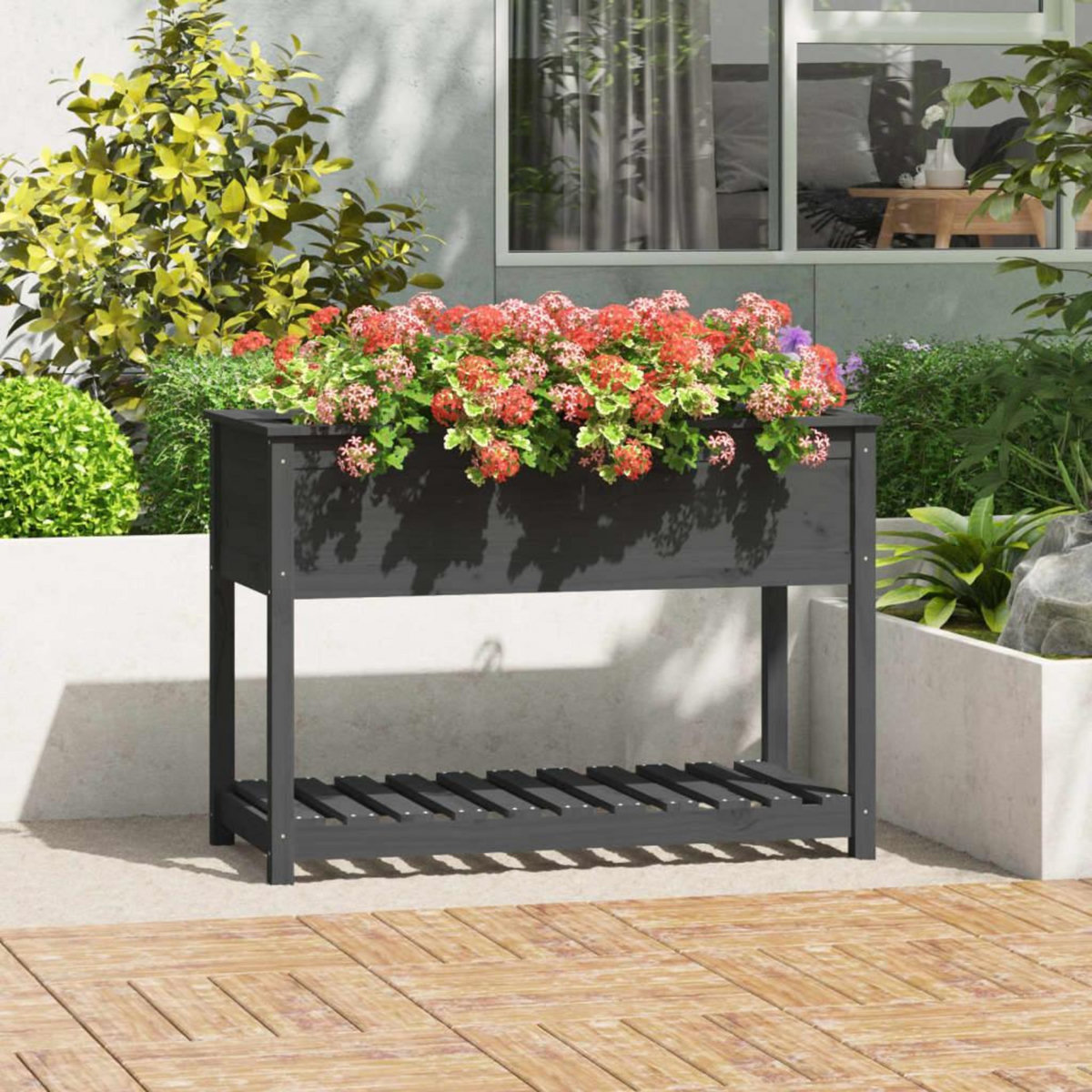 VIDAXL Jardiniere avec etagere Gris 111,5x54x81 cm Bois massif de pin