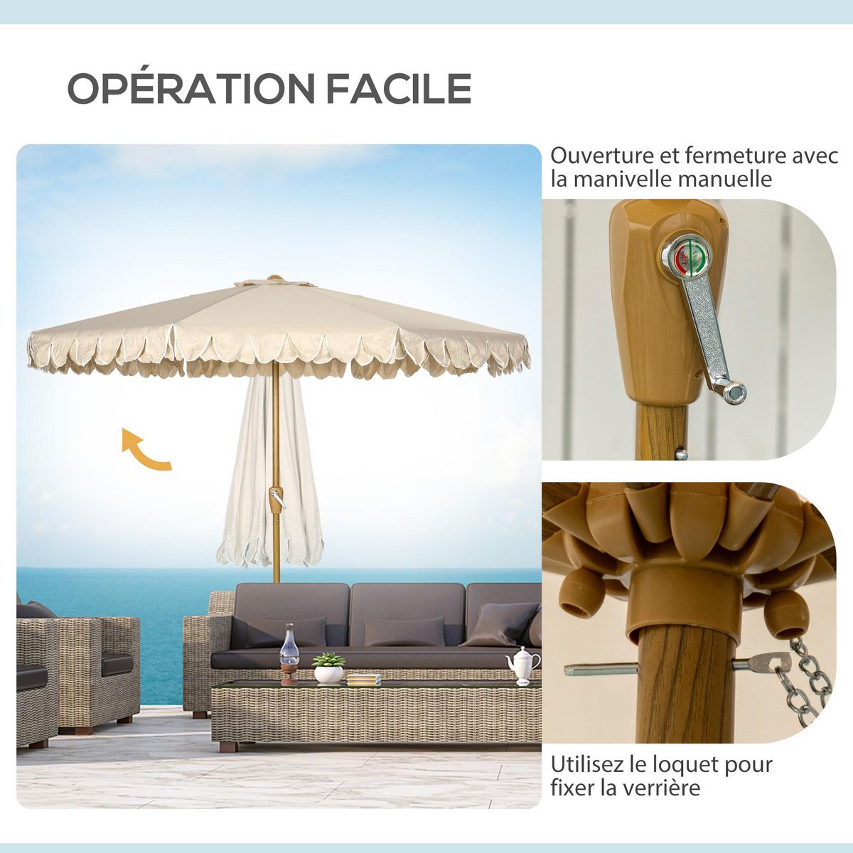 OUTSUNNY Parasol octogonal inclinable Ø 2,64 x 2,4H m mât acier aspect bois polyester haute densité 180 g/m² beige