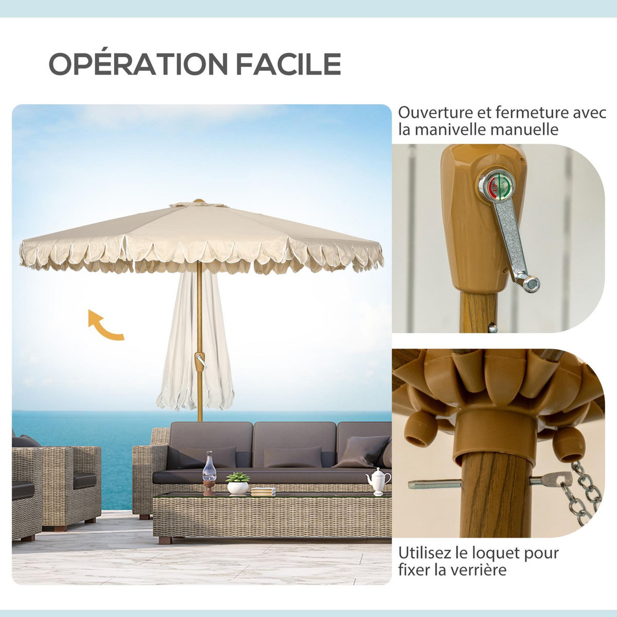 OUTSUNNY Parasol octogonal inclinable Ø 2,64 x 2,4H m mât acier aspect bois polyester haute densité 180 g/m² beige