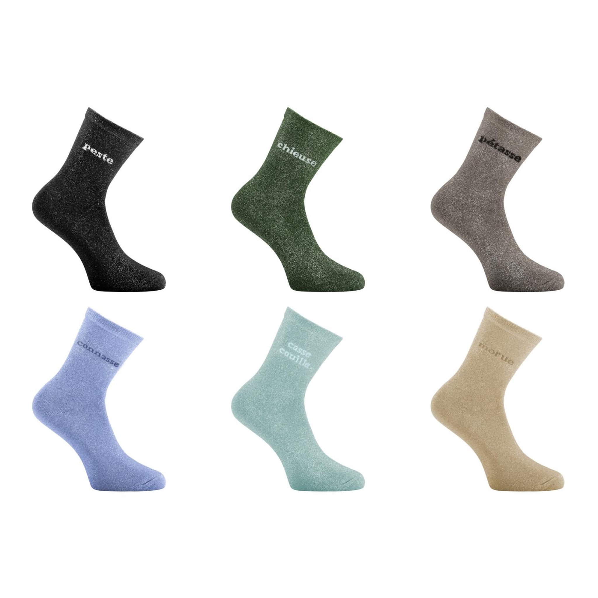 TWINDAY Lot de 6 paires de chaussettes  femme à paillettes osé peste. Coloris disponibles : Jaune