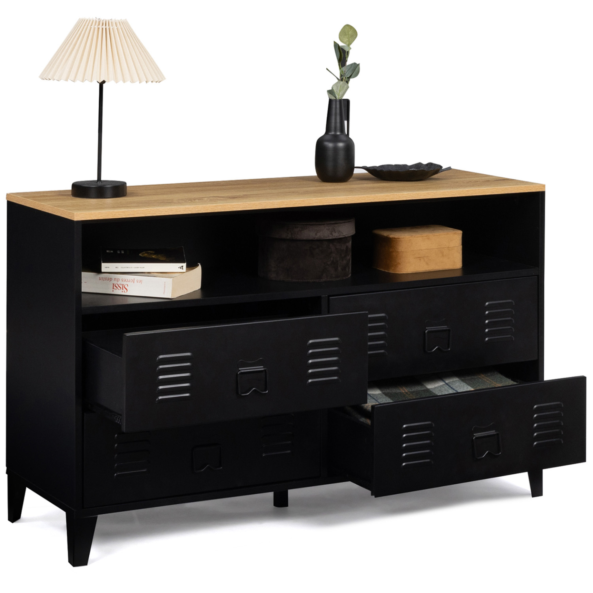Voir la diapositive 4 : ID MARKET Commode 4 tiroirs ester 115 cm métal noir et plateau façon hêtre avec niche design industriel