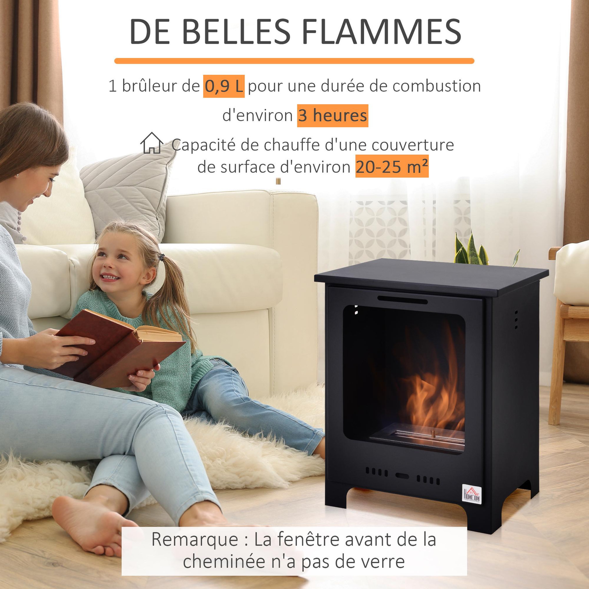 Voir la diapositive 4 : HOMCOM Cheminée bioéthanol sur pieds style néo-rétro poêle 1 brûleur 1,5 l dim. 40l x 30l x 50h cm couverture 20-25 m² noir
