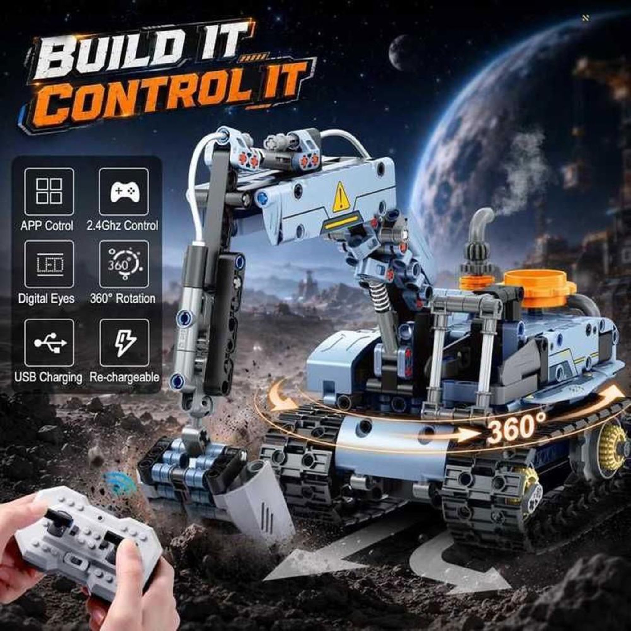Voir la diapositive 4 : Coffret robot de construction programmable 5-en-1 795 pièces, yeux LED, app et télécommande 2,4 GHz