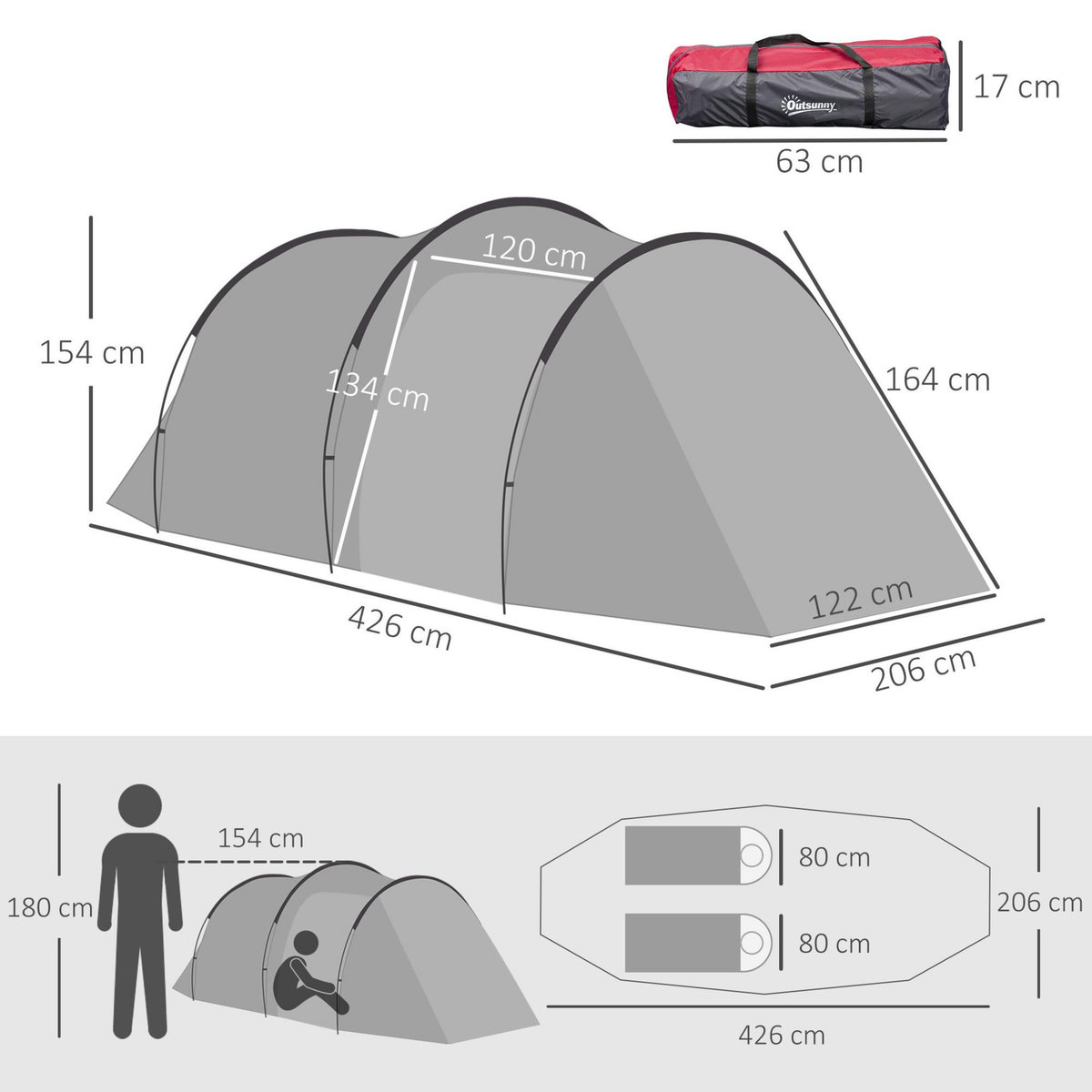OUTSUNNY Tente de camping 2-3 personnes montage facile 3 portes fenêtres dim. 4,26L x 2,06l x 1,54H m fibre verre polyester PE gris