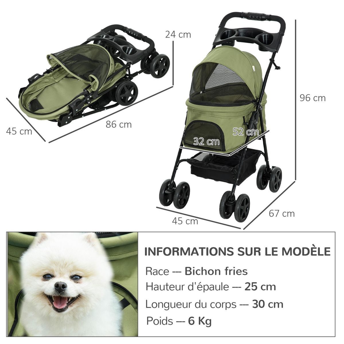 PAWHUT Poussette buggy pliable chien chat panier rangement porte-gobelets tissu 300D Oxford imperméable 4 roues vert