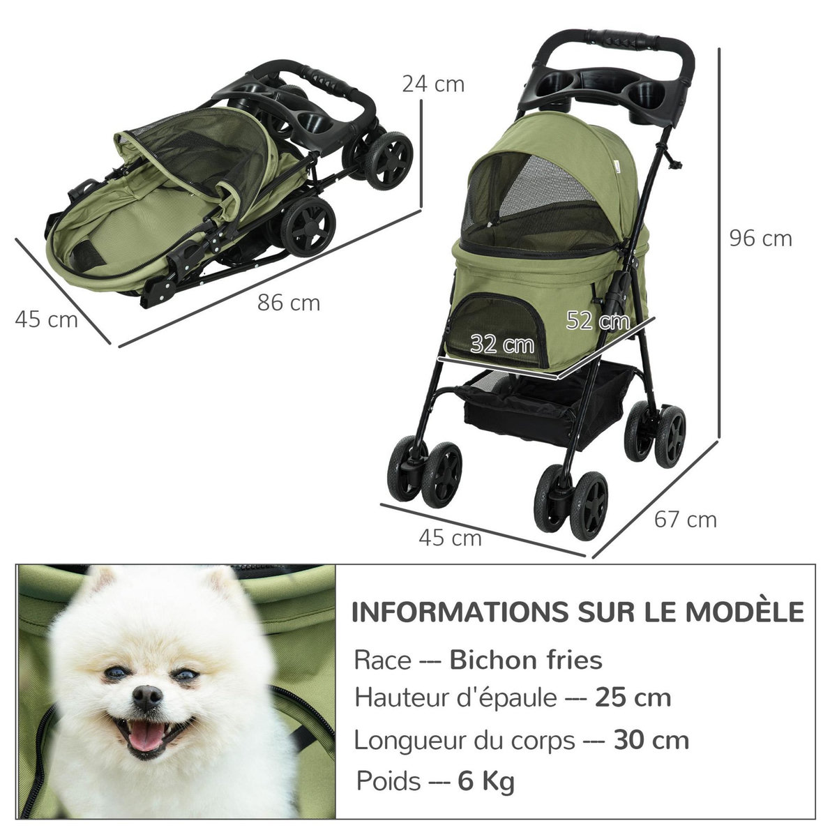 PAWHUT Poussette buggy pliable chien chat panier rangement porte-gobelets tissu 300D Oxford imperméable 4 roues vert