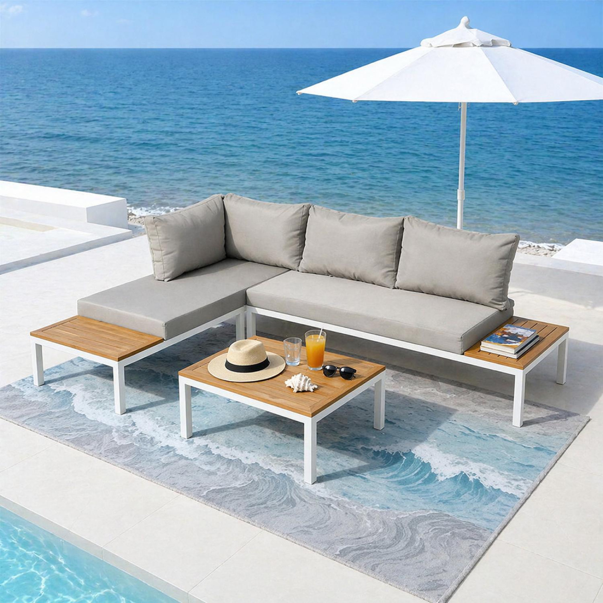 Voir la diapositive 5 : CONCEPT USINE Salon de jardin 3-4 places avec table basse blanc et gris majuro