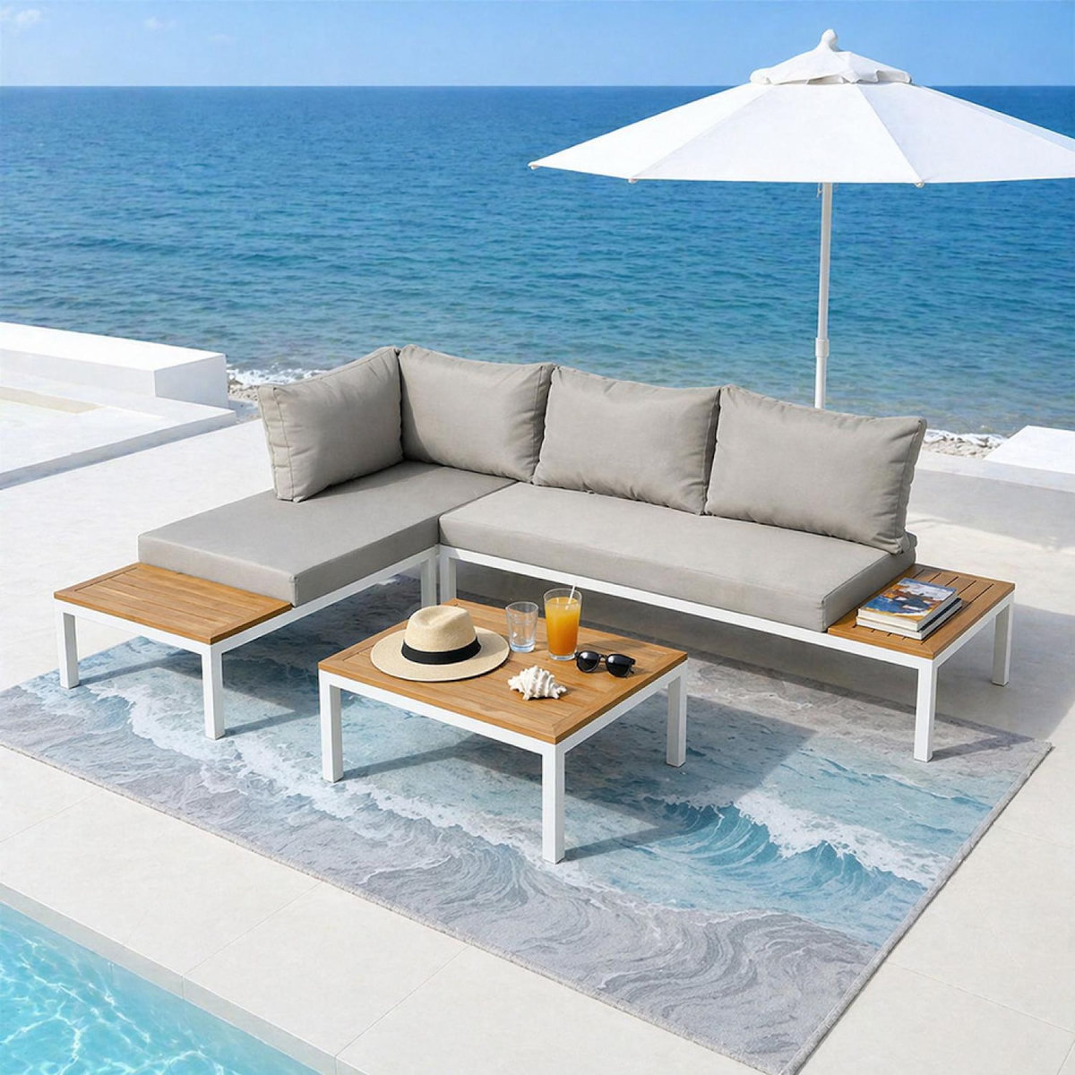 CONCEPT USINE Salon de jardin 3-4 places avec table basse blanc et gris MAJURO