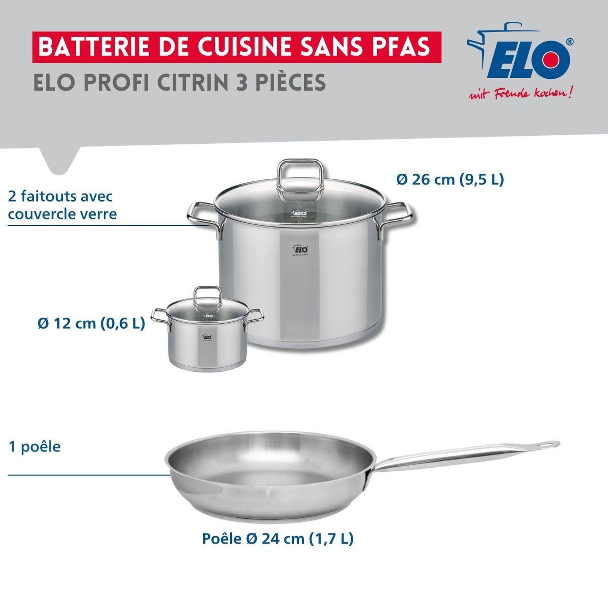 Voir la diapositive 2 : ELO Ensemble de 1 poêle de cuisson 24 cm et 2 faitouts 12 et 26 cm elo profi citrin