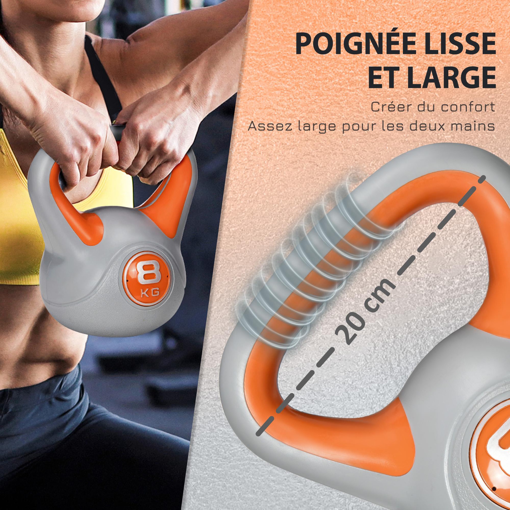 Voir la diapositive 4 : HOMCOM Kettlebell 8 kg - haltère boule - poignée ergonomique - pu gris orange