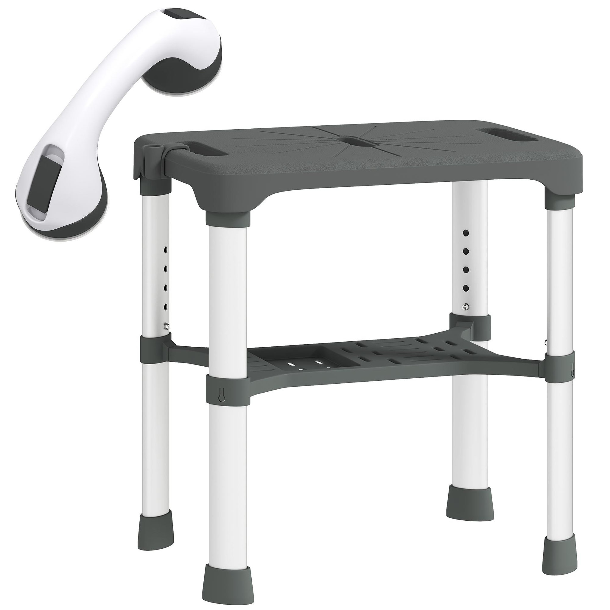 Voir la diapositive 5 : HOMCOM Tabouret de douche réglable avec poignée ventouses étagère support pommeau intégrés