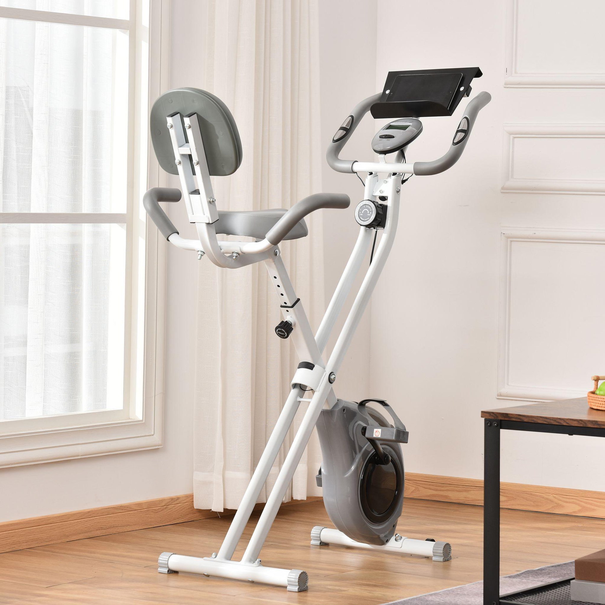 Voir la diapositive 2 : HOMCOM Vélo d'appartement pliable grand confort dossier selle réglable poignées ergonomiques écran LCD multifonction support tablette acier blanc gris