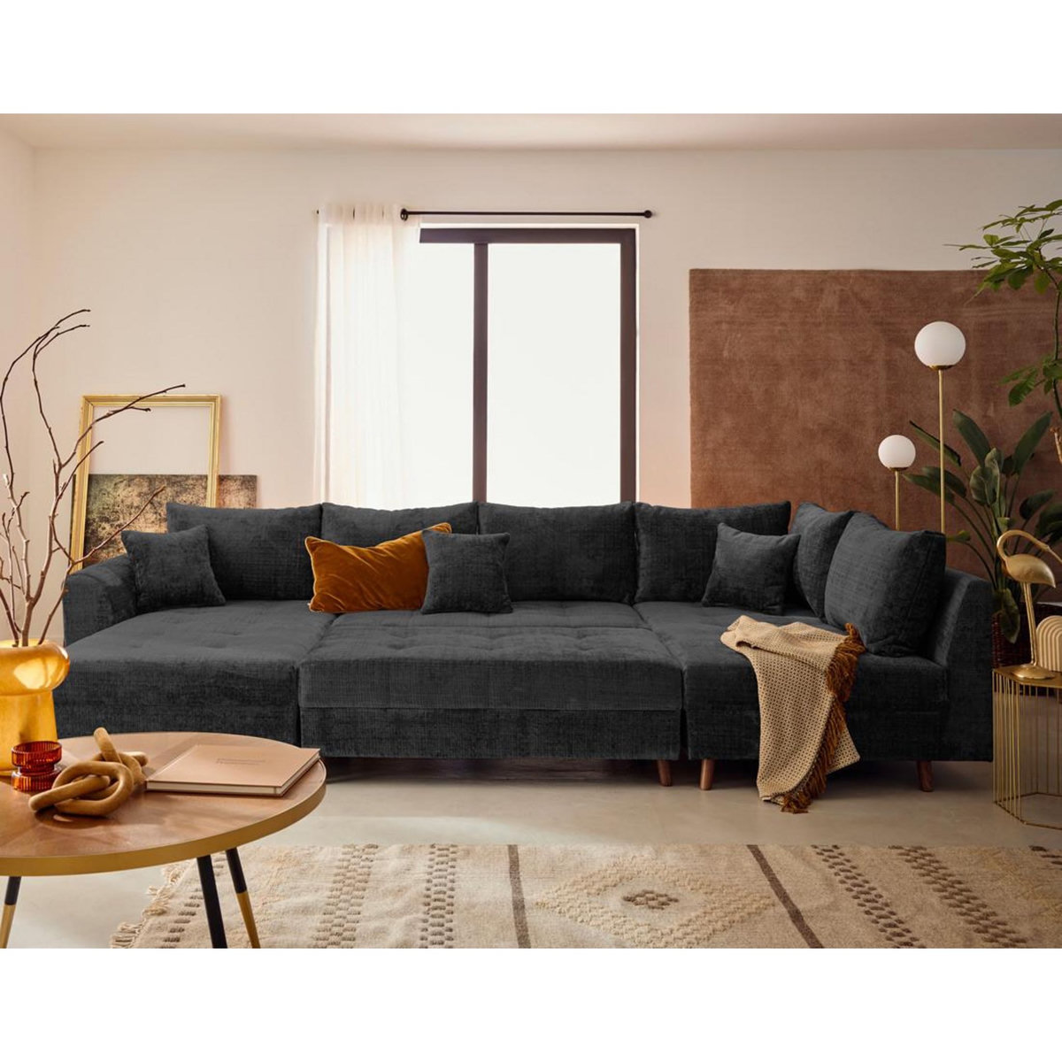 LISA DESIGN Rune - canapé panoramique d'angle droit 7 places en velours texturé