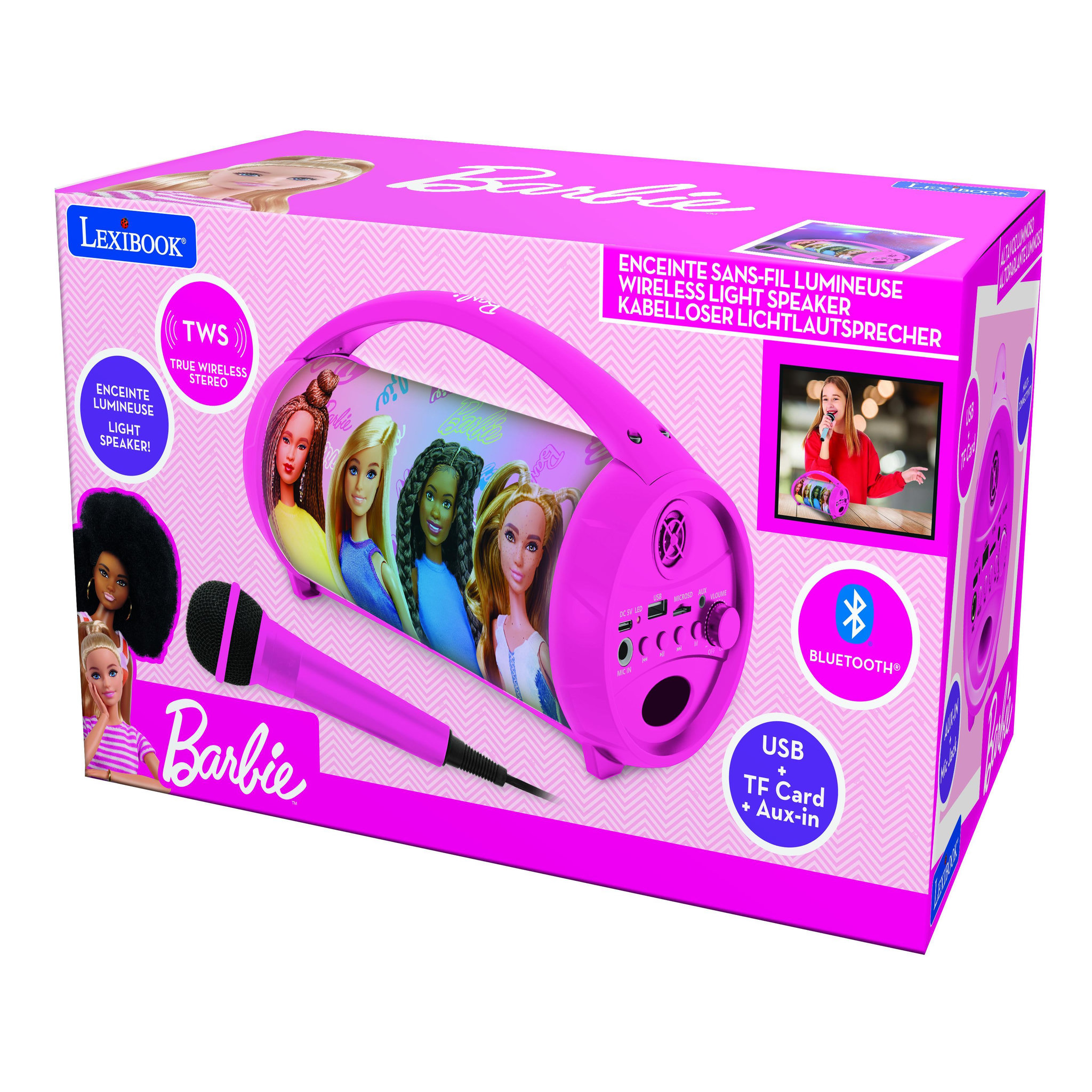 Voir la diapositive 4 : Lexibook Enceinte Bluetooth Lumineuse avec Micro Barbie