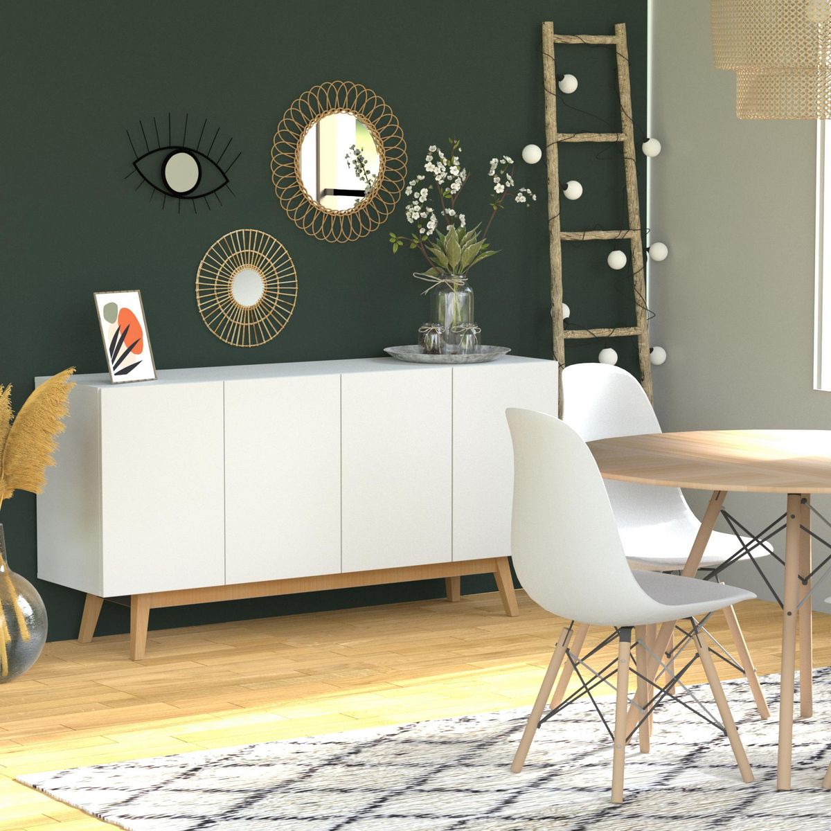 Bahut scandinave SNOW blanc, 4 portes 2 tiroirs L160cm