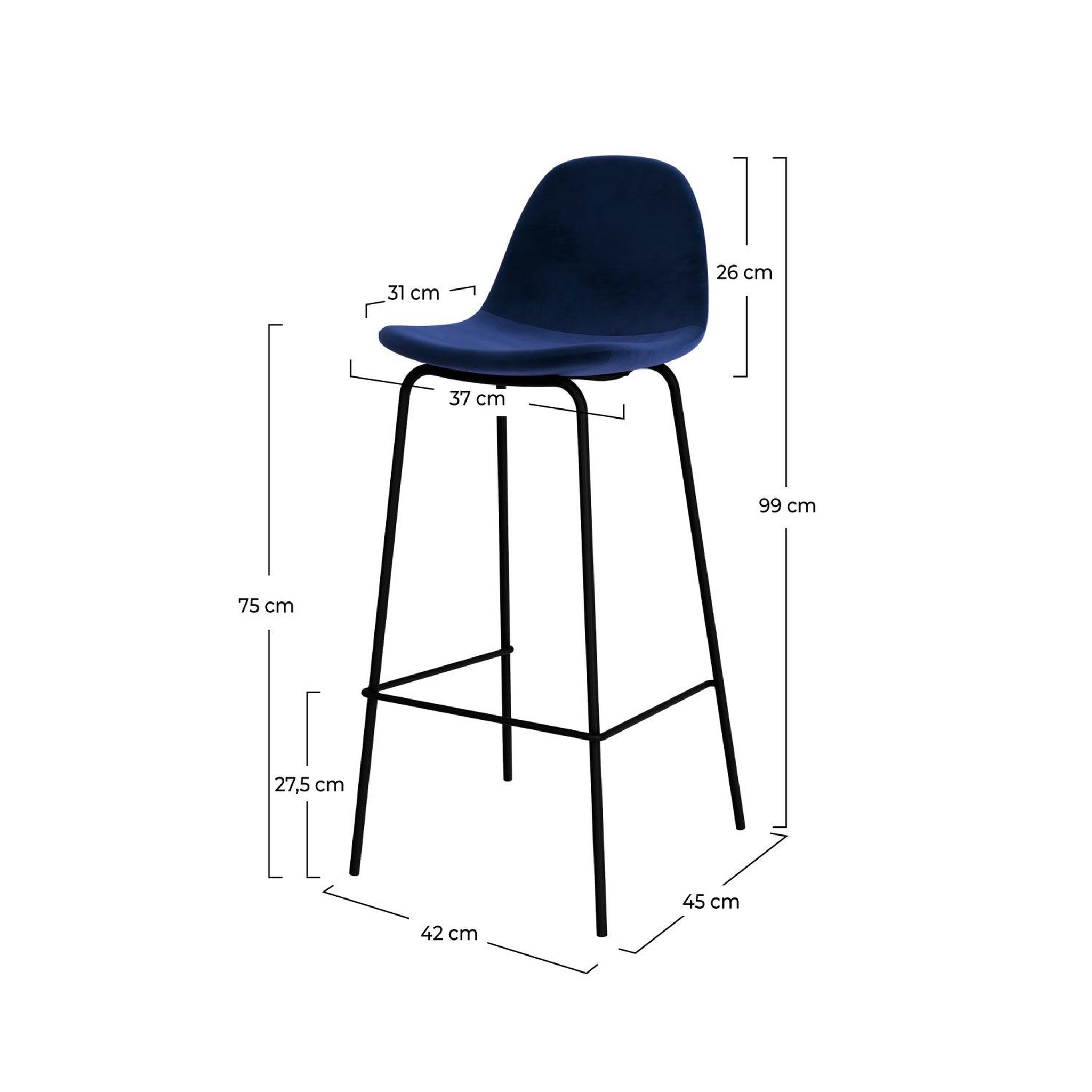 Voir la diapositive 4 : MAISON PAVANE Lot de 2 chaises de bar en velours bleu foncé 75 cm-henrik
