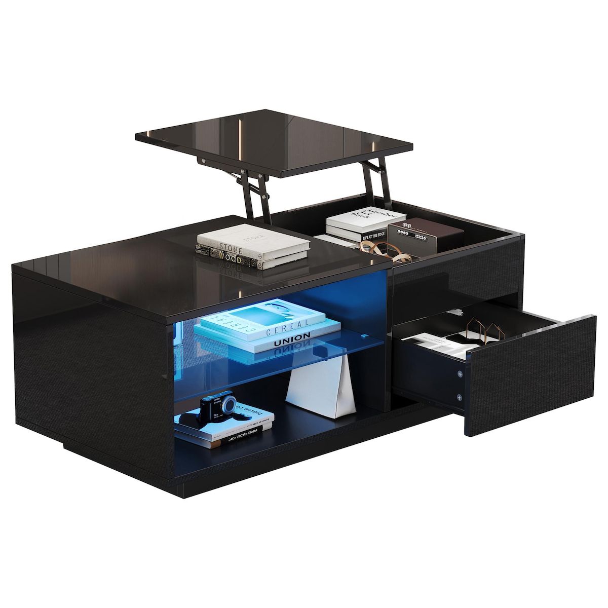 MERAX Table basse relevable rectangulaire noir - 49x100 cm led panneau de particules