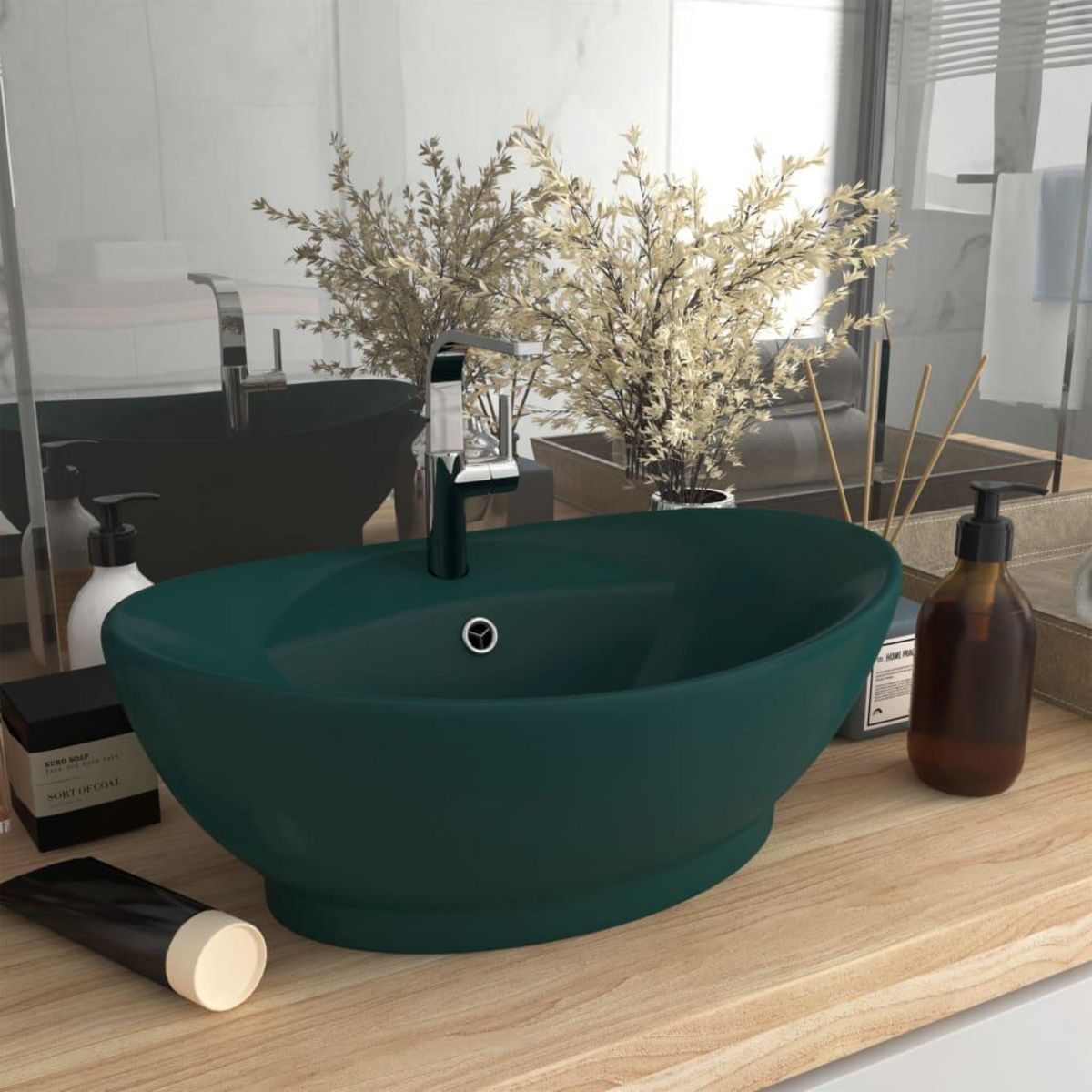 VIDAXL Lavabo ovale a trop-plein Vert fonce mat 58,5x39 cm Ceramique