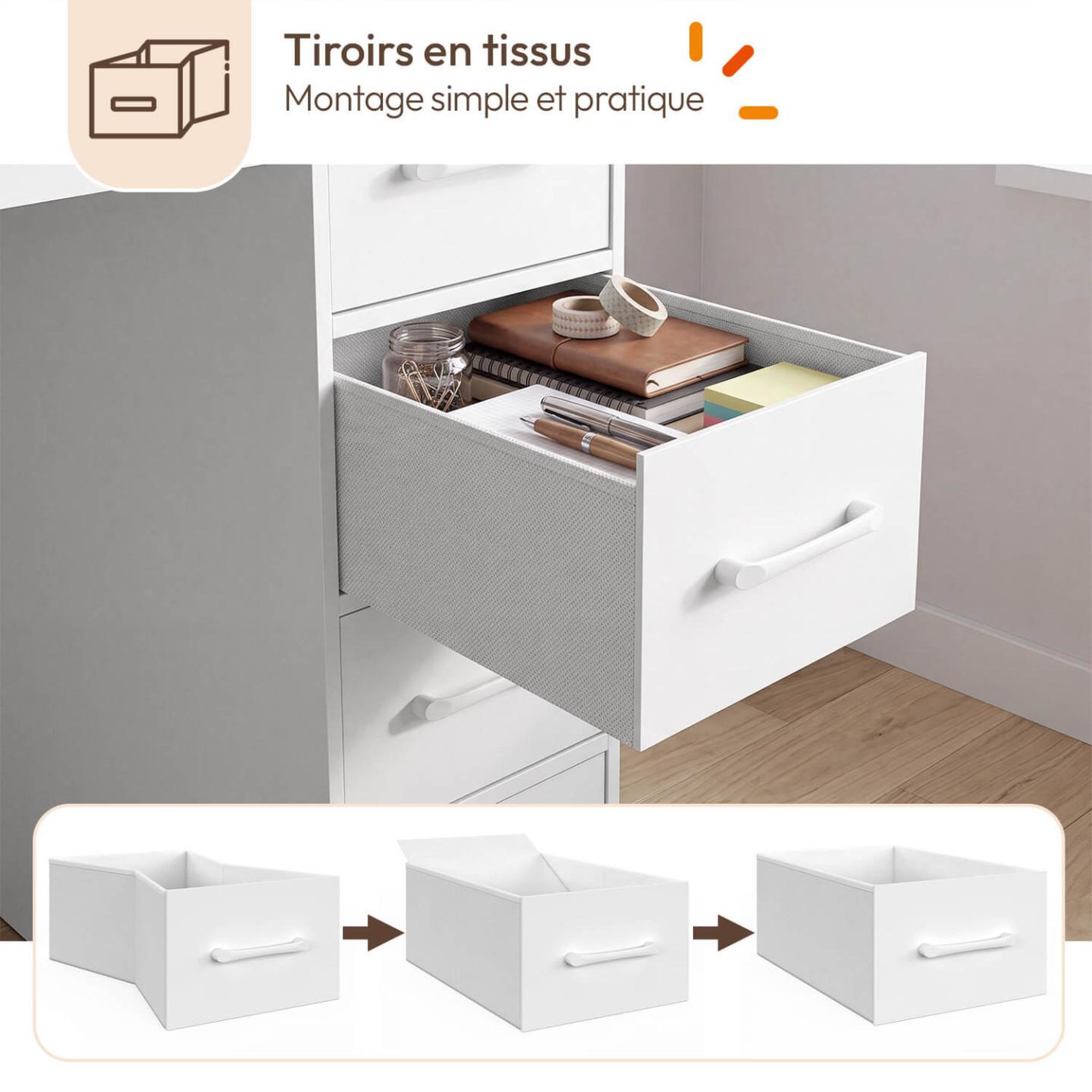 Voir la diapositive 6 : ID MARKET Bureau avec 8 tiroirs en tissu 120x45 cm uppah blanc et bois