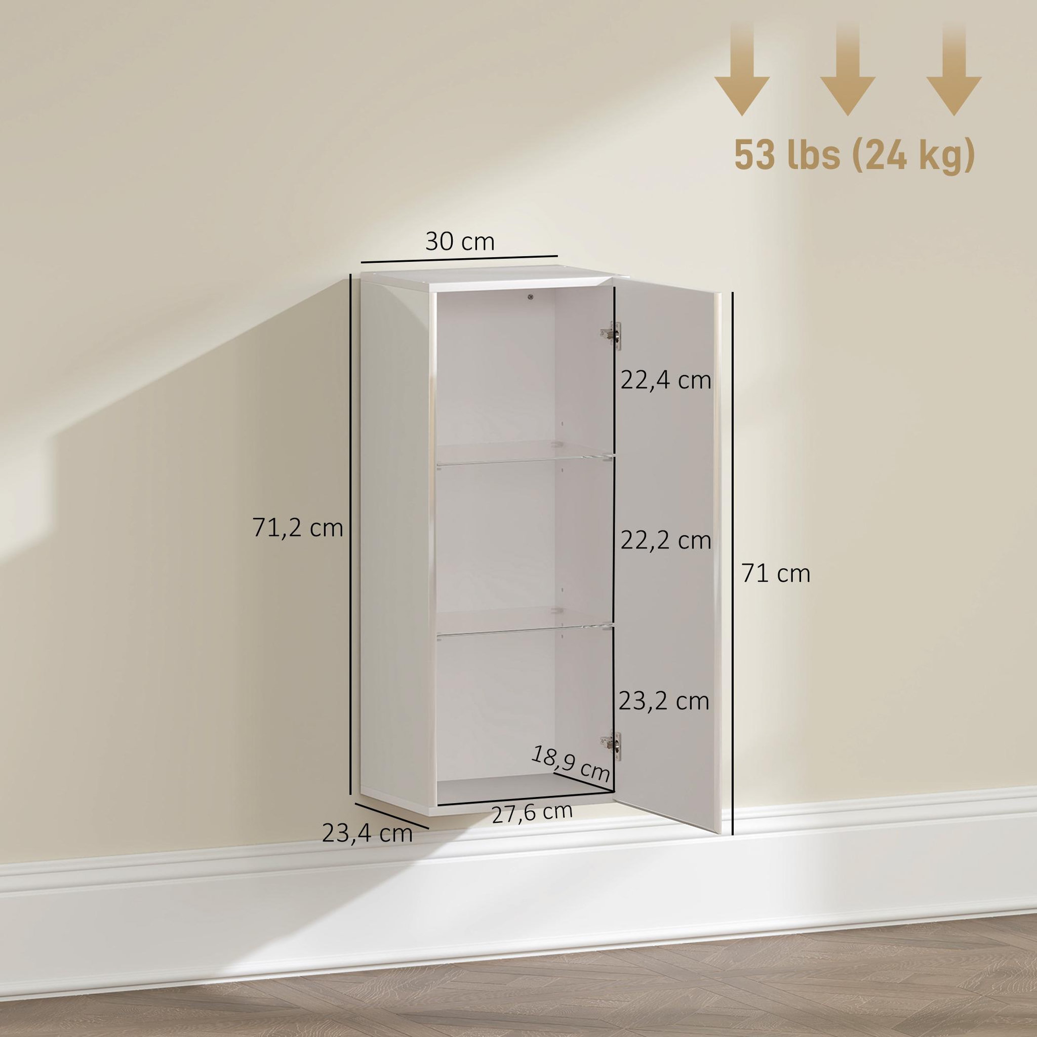 Voir la diapositive 3 : HOMCOM Meuble mural salle de bain blanc laqué porte 2 étagères
