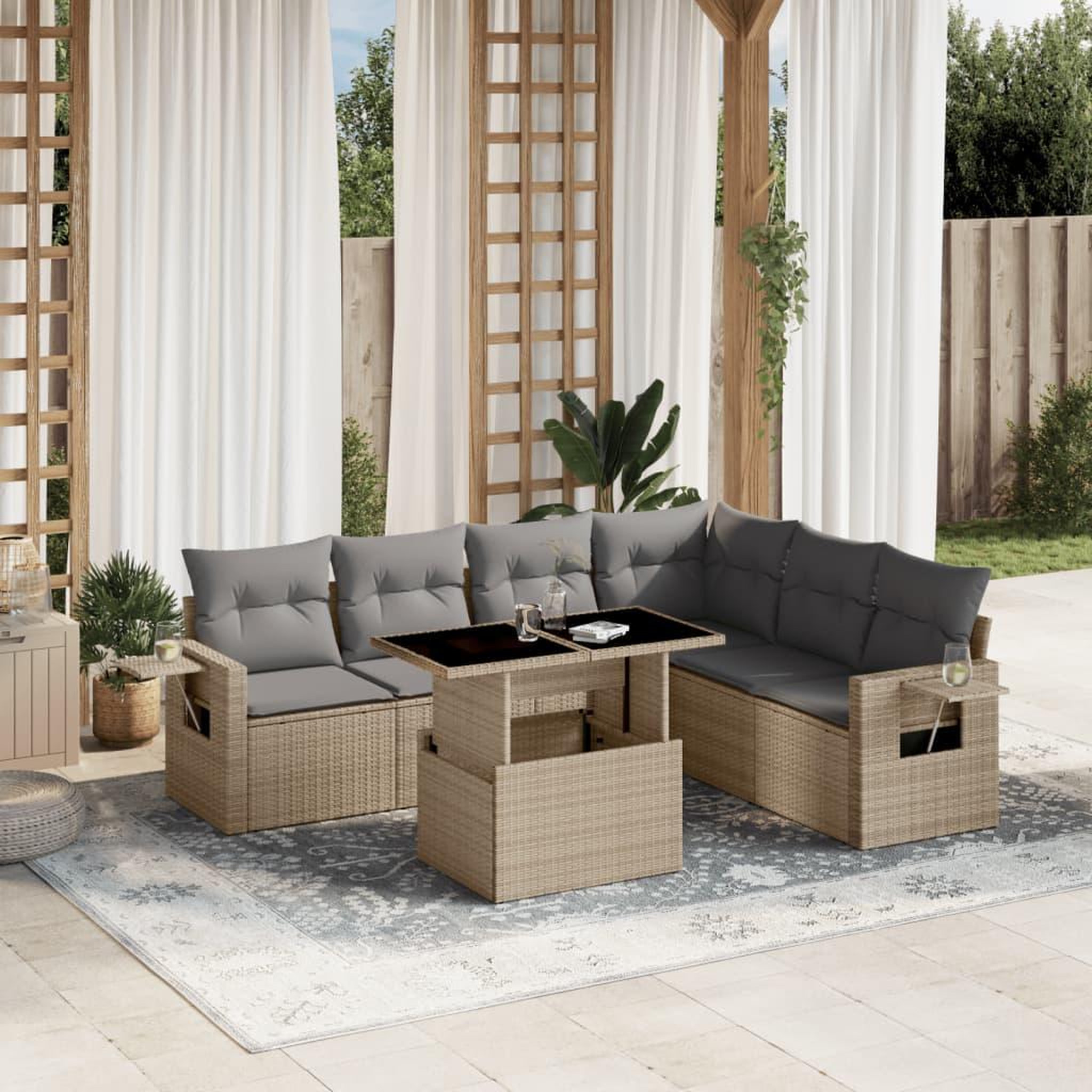 VIDAXL Salon de jardin avec coussins 7 pcs beige resine tressee