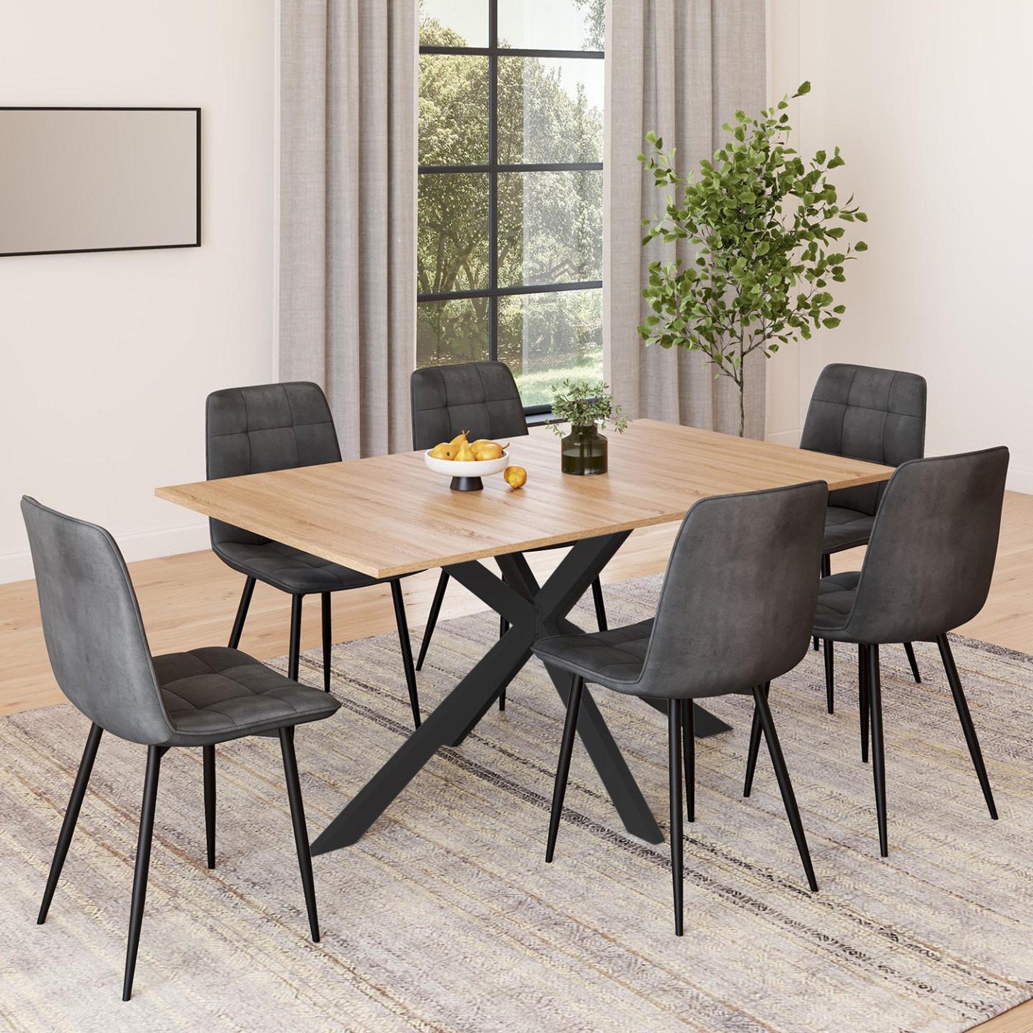 Voir la diapositive 2 : ID MARKET Ensemble table à manger rectangle alix 160 cm bois et noir et 6 chaises mila en velours gris foncé