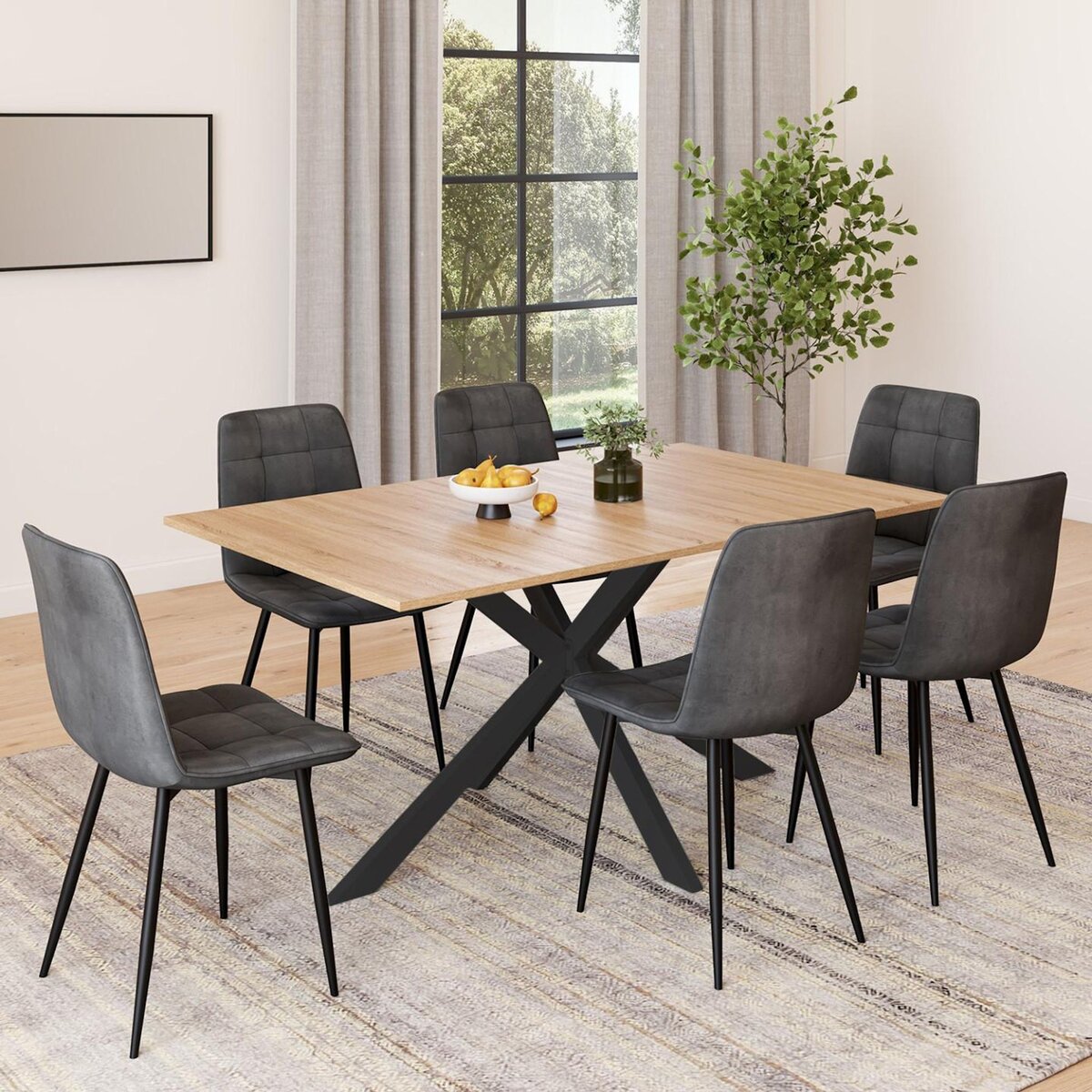 ID MARKET Ensemble table à manger rectangle ALIX 160 cm bois et noir et 6 chaises MILA en velours gris foncé