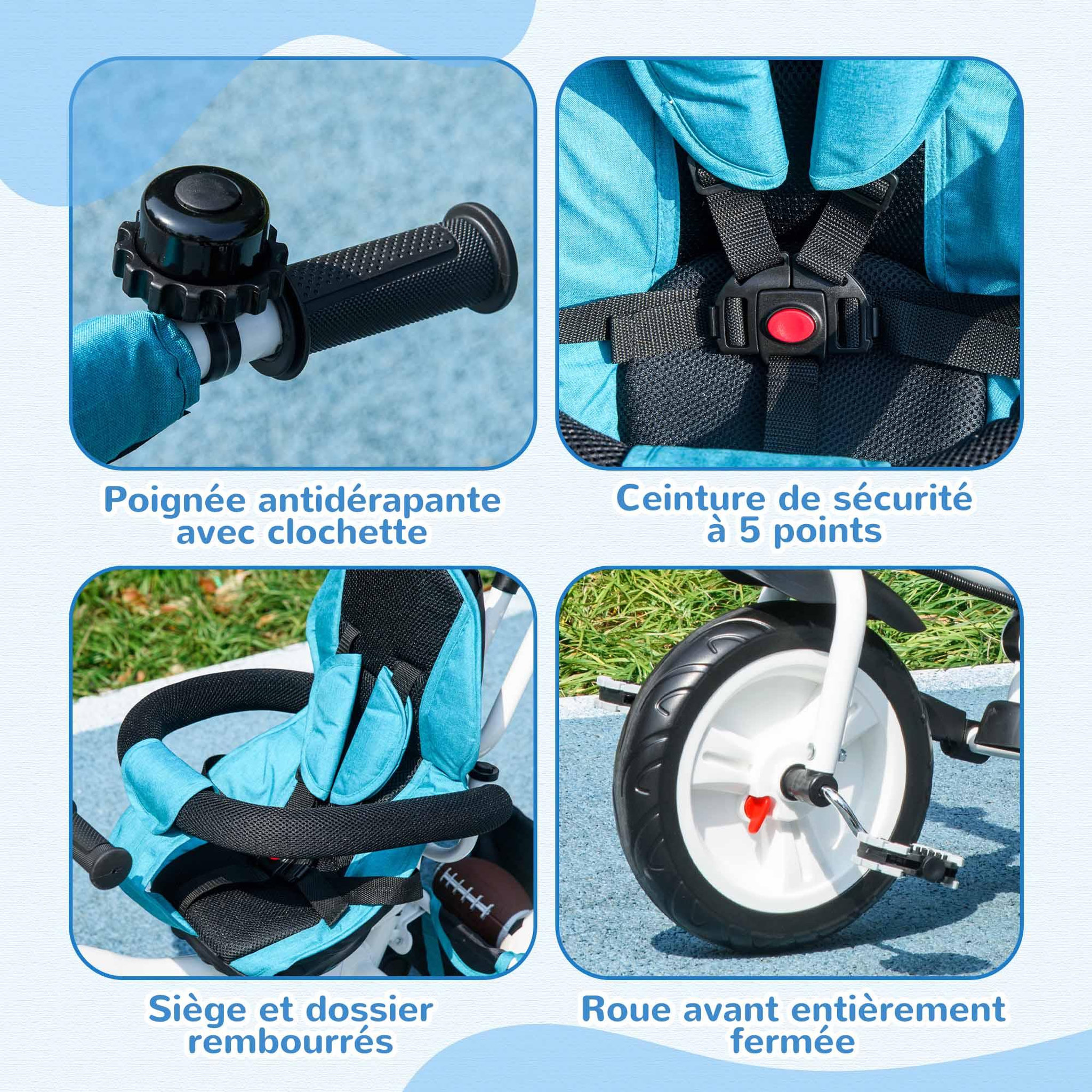 Voir la diapositive 6 : HOMCOM Tricycle enfant évolutif pare-soleil pliable canne télescopique amovible acier bleu
