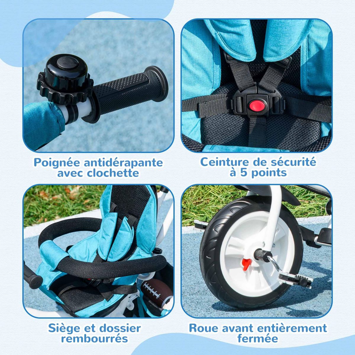 HOMCOM Tricycle enfant évolutif pare-soleil pliable canne télescopique amovible acier bleu