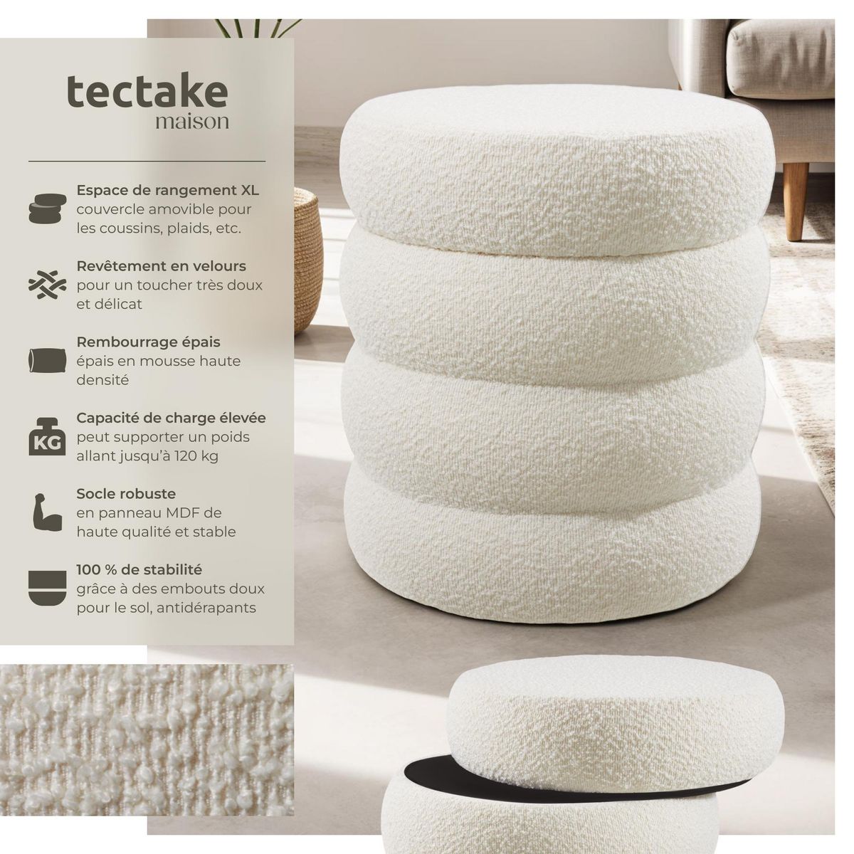 tectake Tabouret avec espace de rangement rond Bouclé crème/ blanc