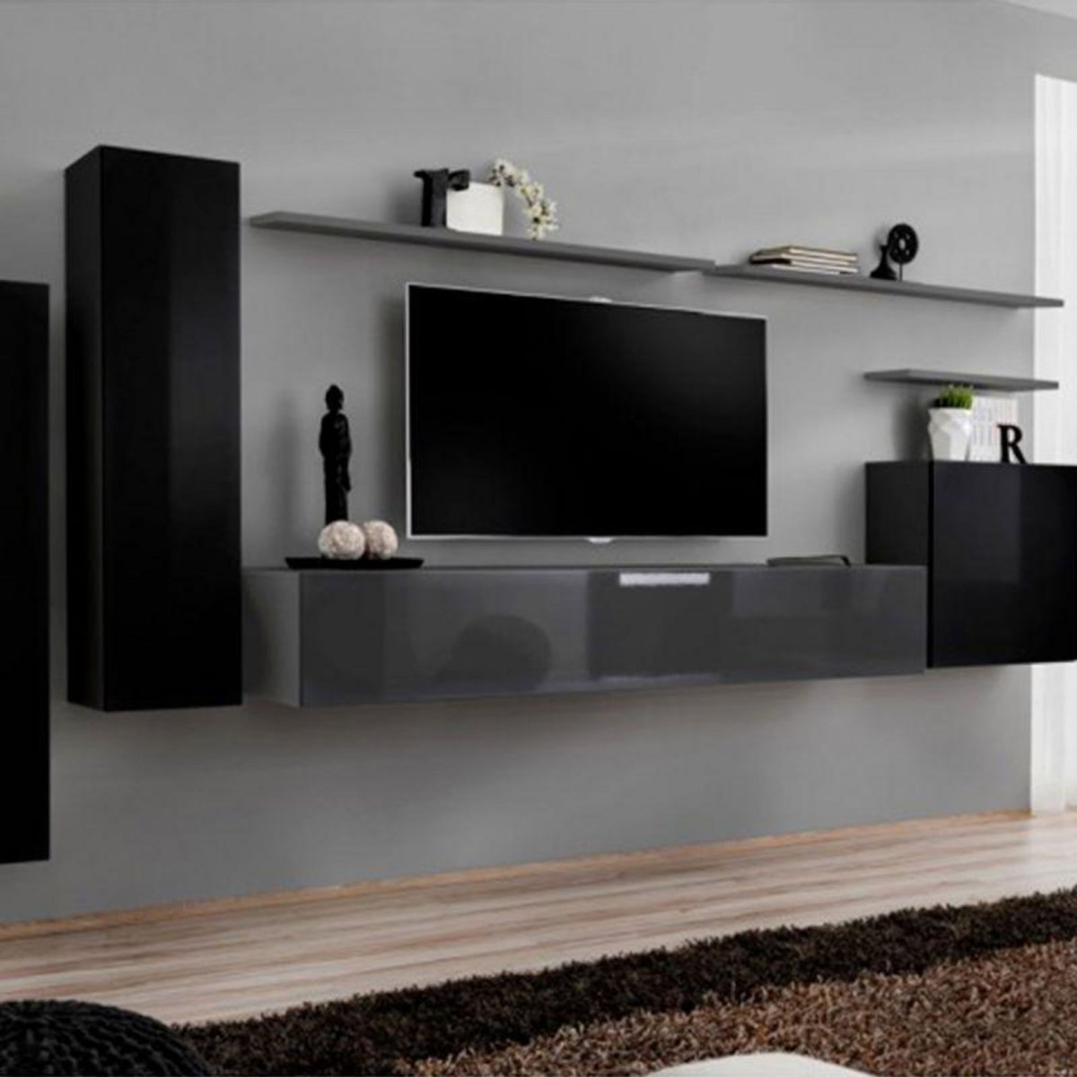 Paris Prix Meuble TV Mural Design  Switch I  330cm Noir & Gris
