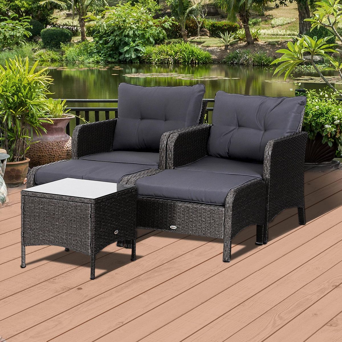 OUTSUNNY Outsunny Lot de 2 fauteuils de jardin grand confort repose-pied table basse résine tressée imitation rotin coussins gris